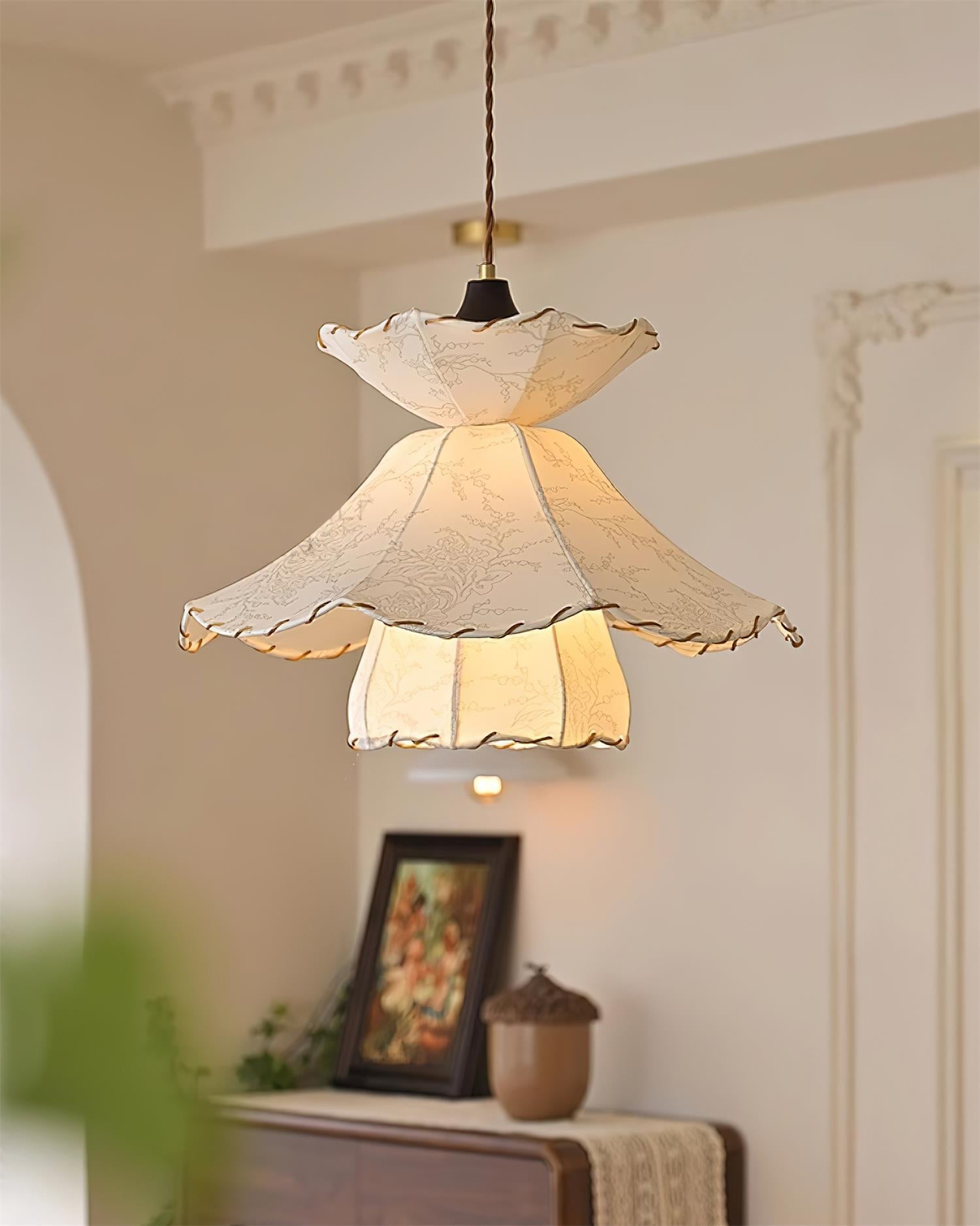 Pendant Lamp Scalloped Layered Fabric Shade Wood Minimalist - Neutralighting