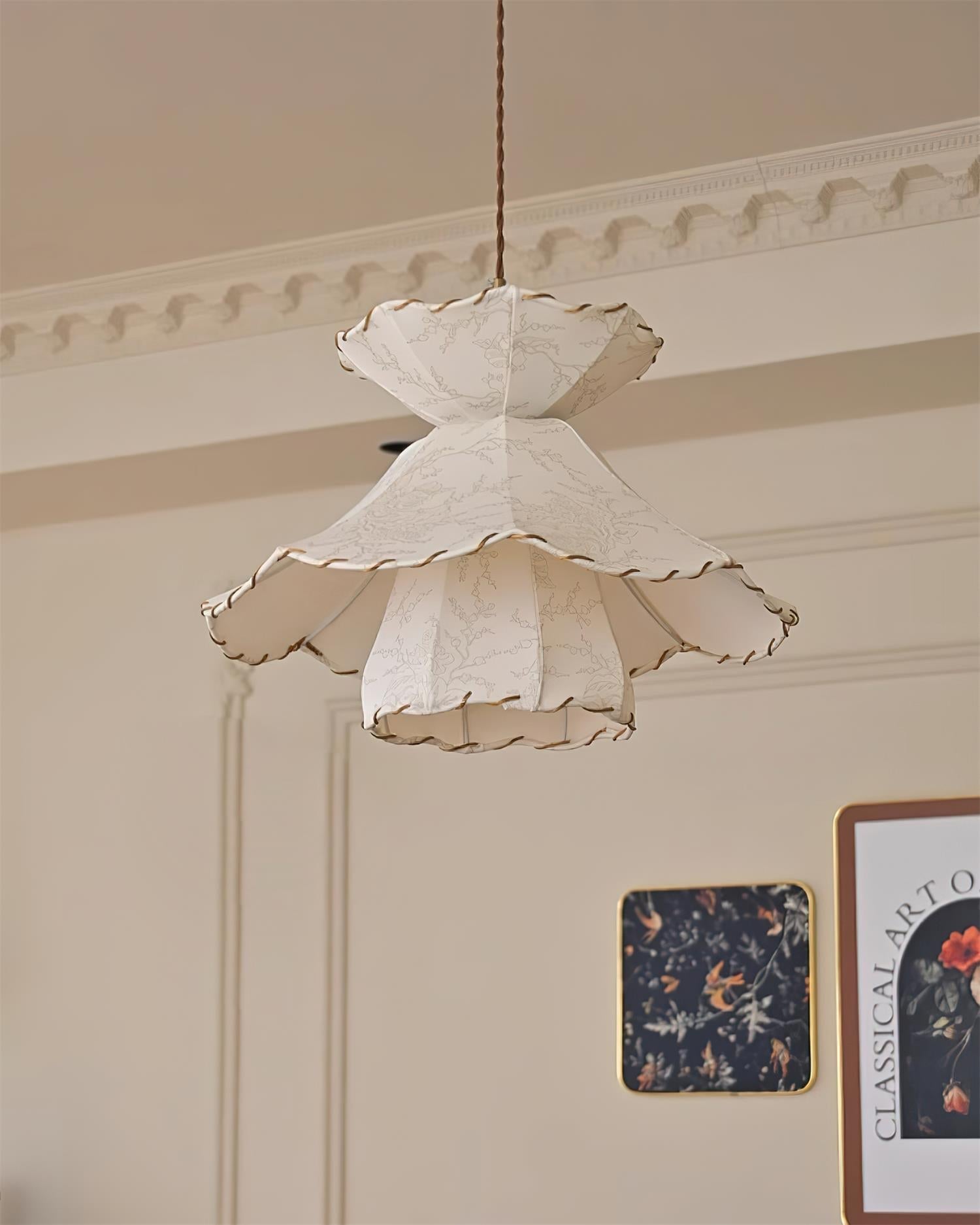 Pendant Lamp Scalloped Layered Fabric Shade Wood Minimalist - Neutralighting