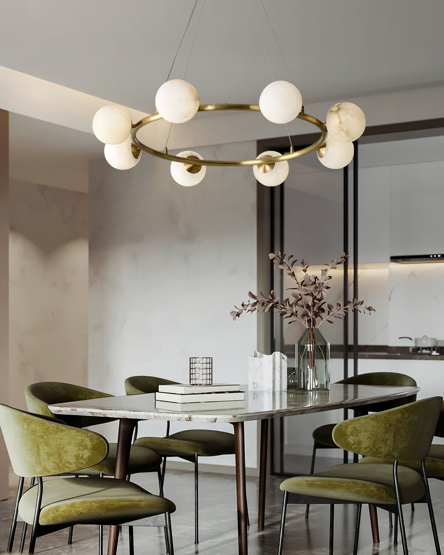 Helix Chandelier Alabaster Globe Halo - Neutralighting