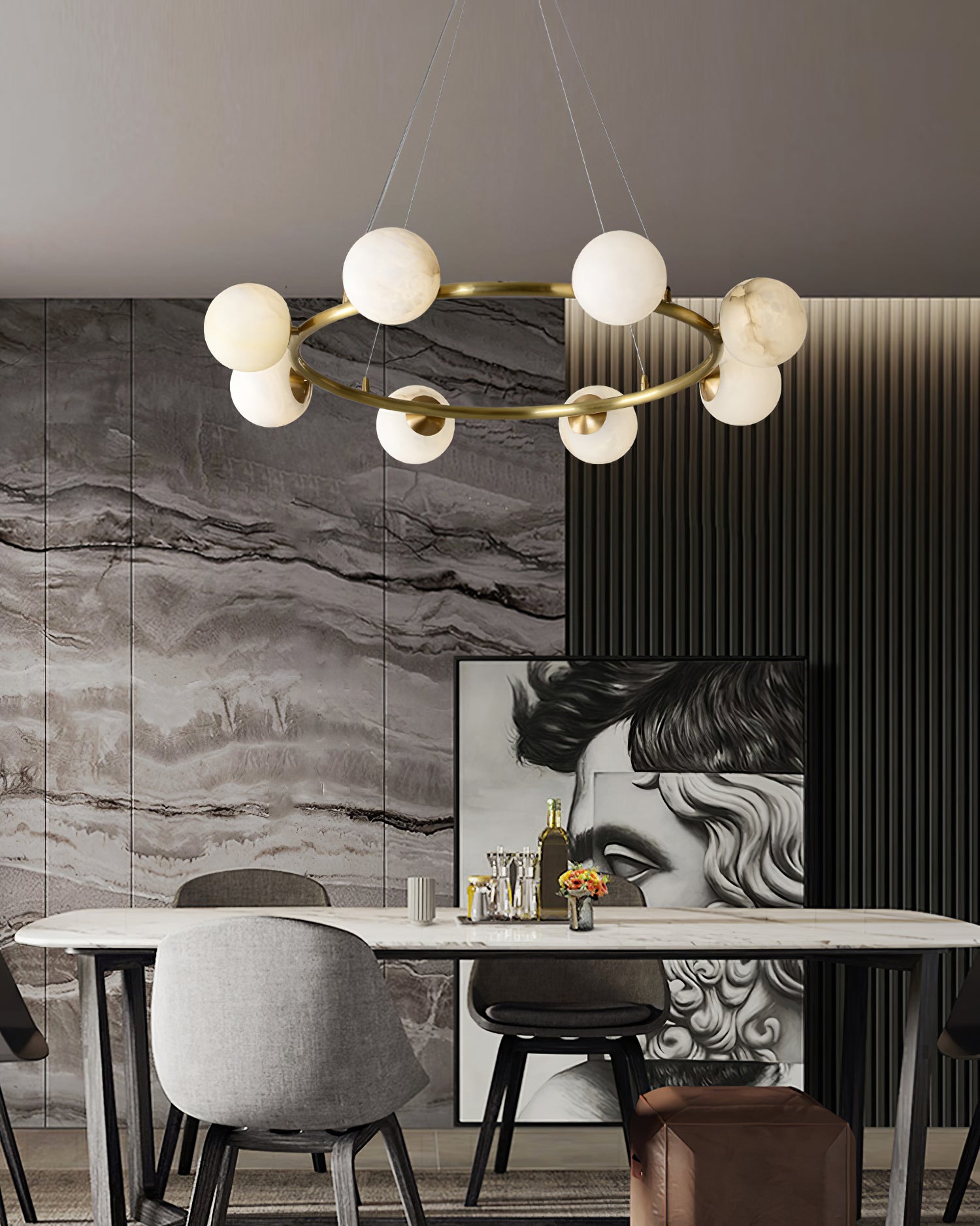 Helix Chandelier Alabaster Globe Halo - Neutralighting