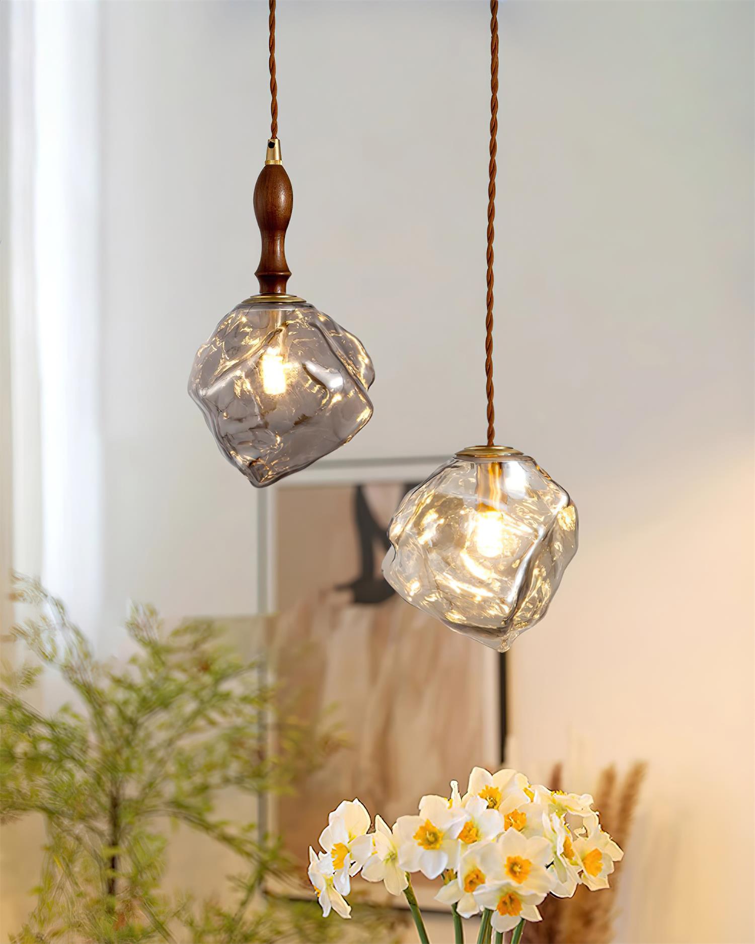 Pendant Light Walnut Wood Glass Cube - Neutralighting