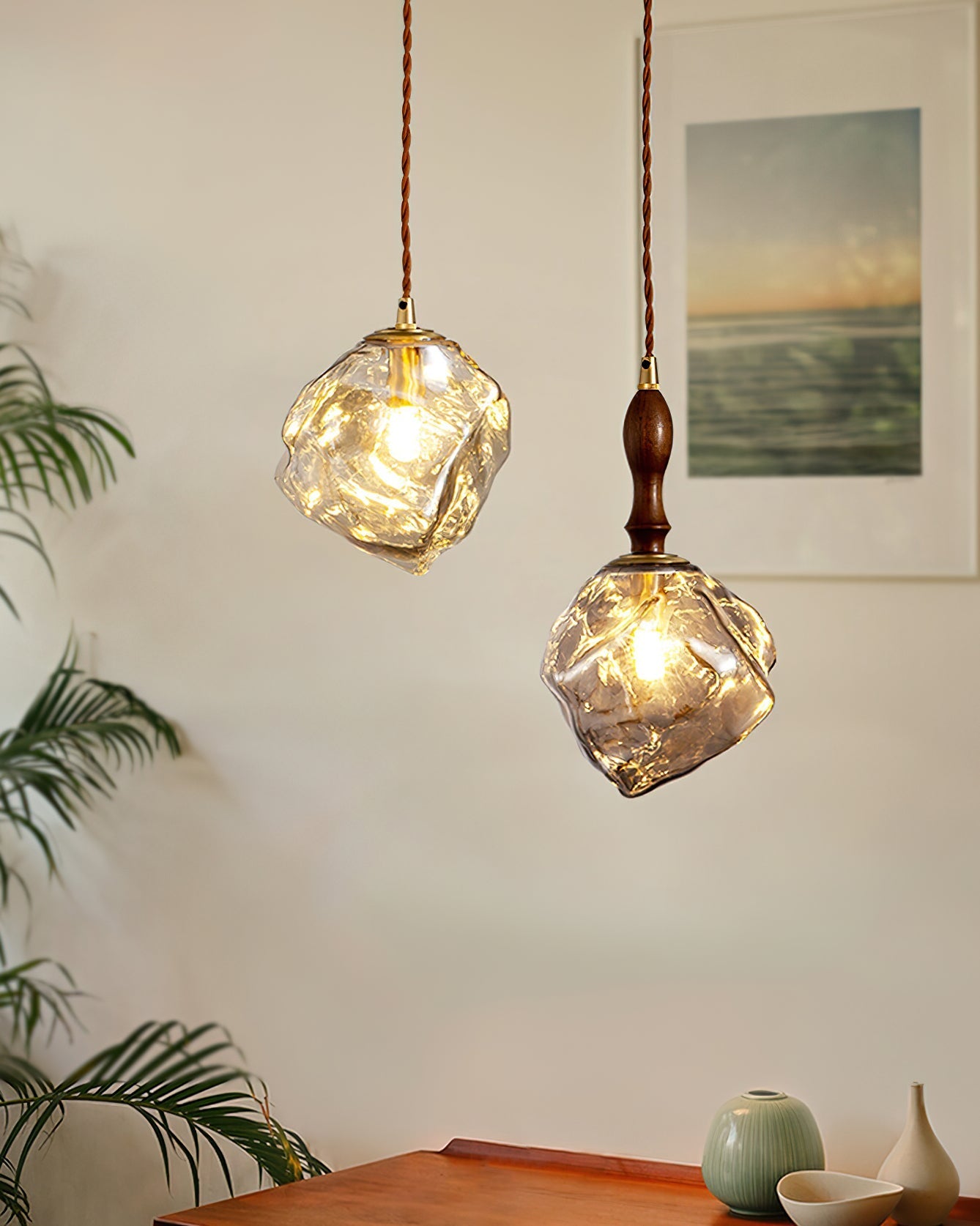 Pendant Light Walnut Wood Glass Cube - Neutralighting