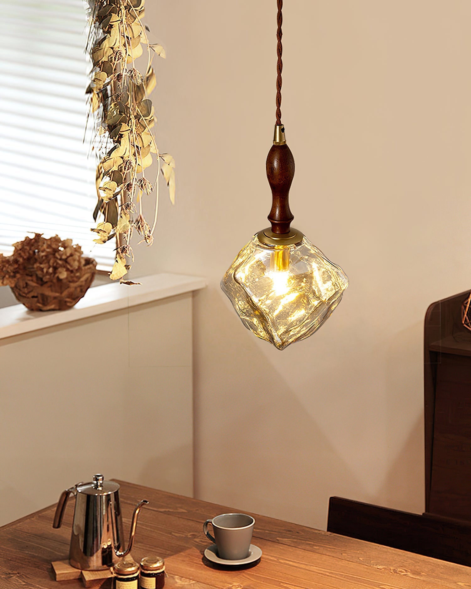 Pendant Light Walnut Wood Glass Cube - Neutralighting