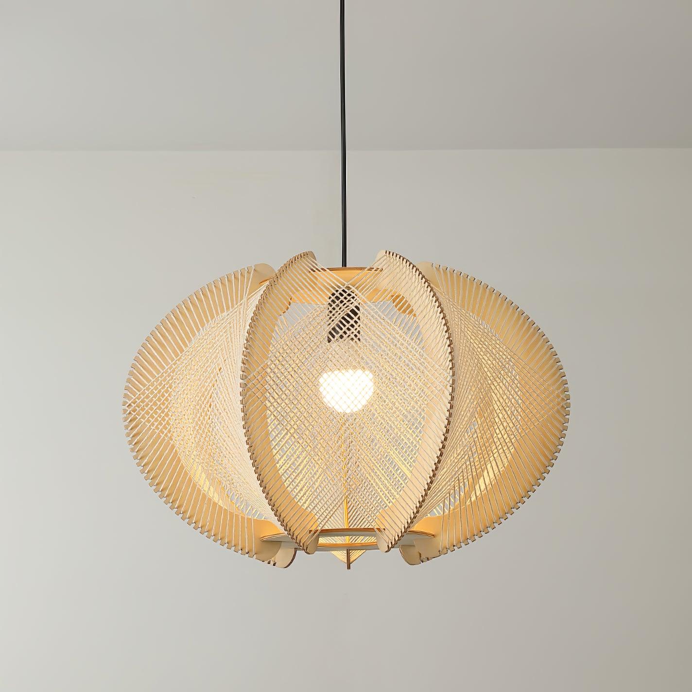 Pendant Light with Fabric Shade, Wooden Frame, and Wire Detail - Neutralighting
