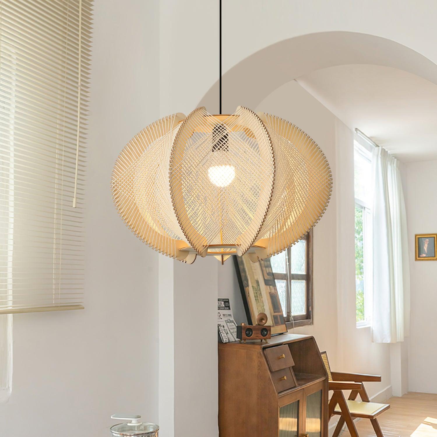 Pendant Light with Fabric Shade, Wooden Frame, and Wire Detail - Neutralighting