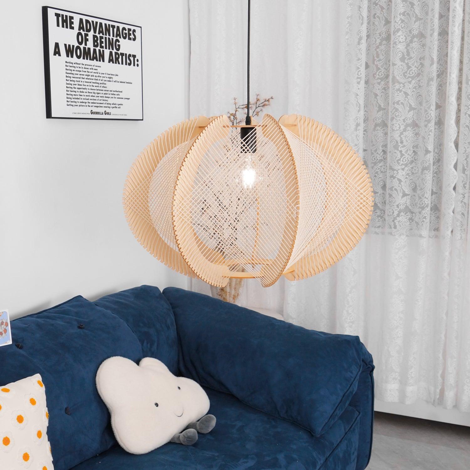 Pendant Light with Fabric Shade, Wooden Frame, and Wire Detail - Neutralighting