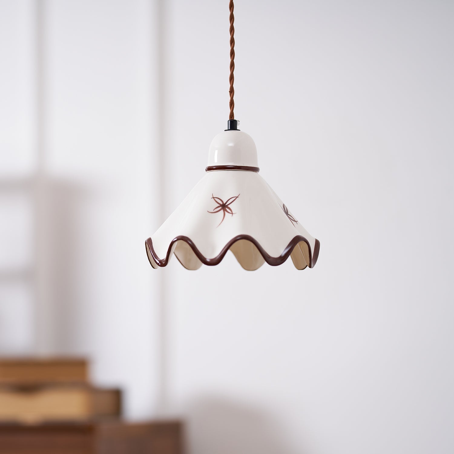 Pendant Lamp Ceramic Wavy Shade Rustic Brown Trim Retro Farmhouse - Neutralighting