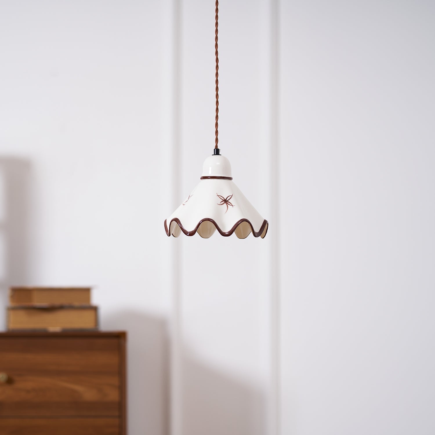 Pendant Lamp Ceramic Wavy Shade Rustic Brown Trim Retro Farmhouse - Neutralighting