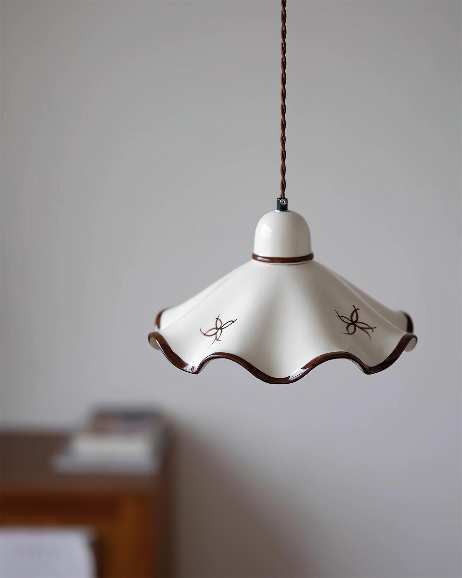 Pendant Lamp Ceramic Wavy Shade Rustic Brown Trim Retro Farmhouse - Neutralighting