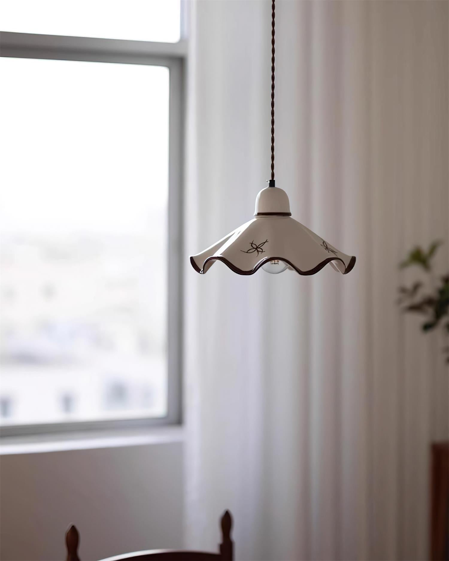 Pendant Lamp Ceramic Wavy Shade Rustic Brown Trim Retro Farmhouse - Neutralighting