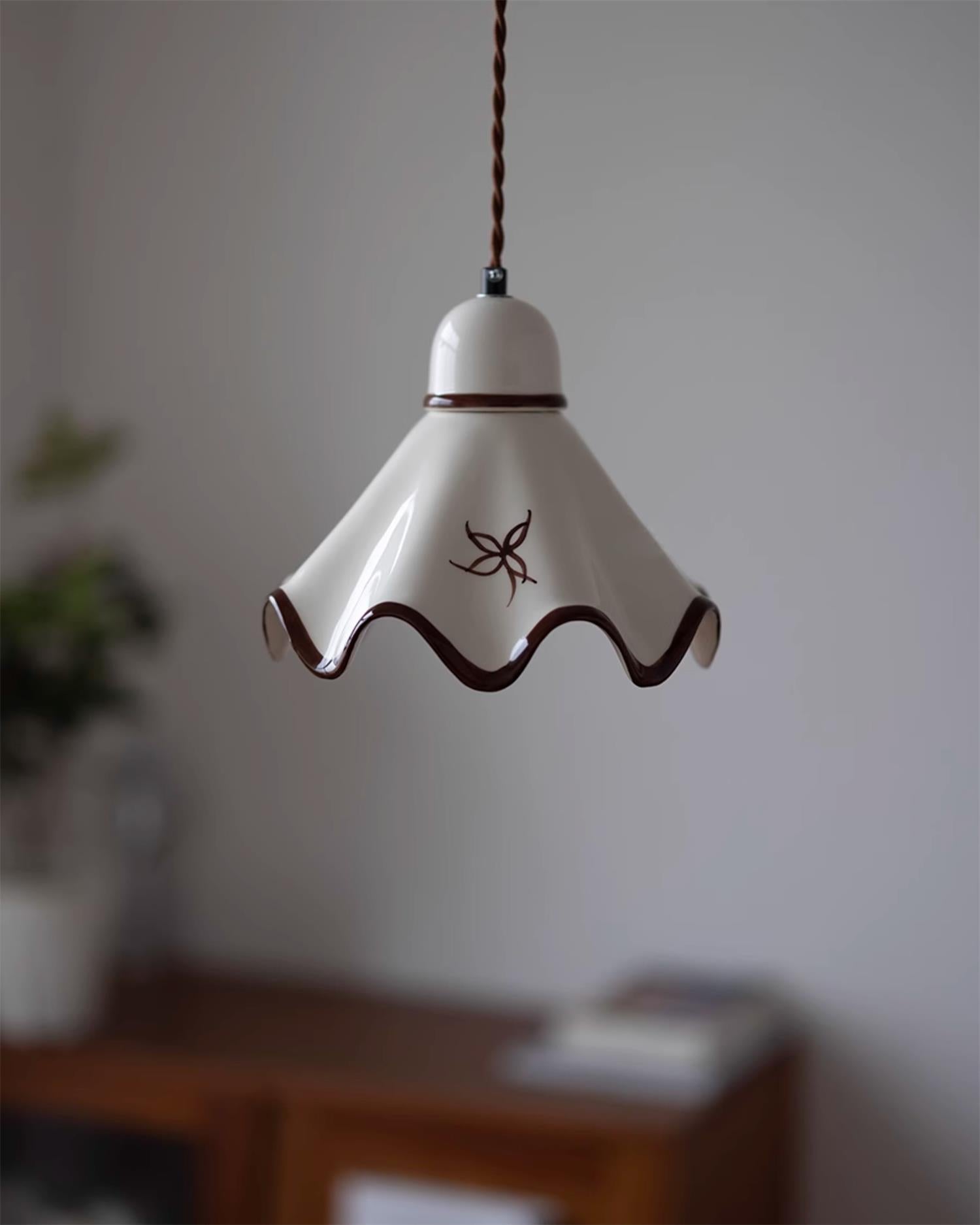 Pendant Lamp Ceramic Wavy Shade Rustic Brown Trim Retro Farmhouse - Neutralighting