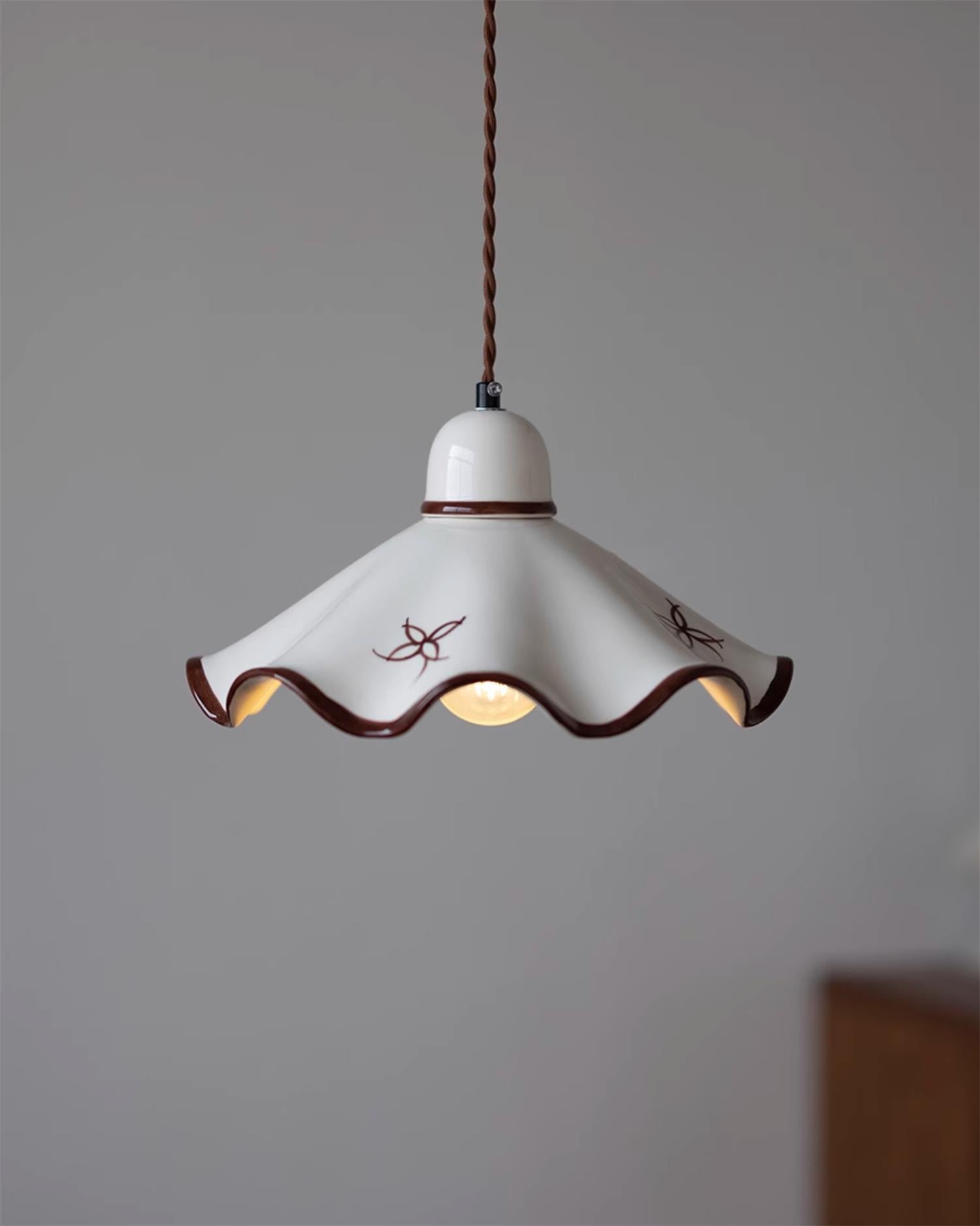 Pendant Lamp Ceramic Wavy Shade Rustic Brown Trim Retro Farmhouse - Neutralighting