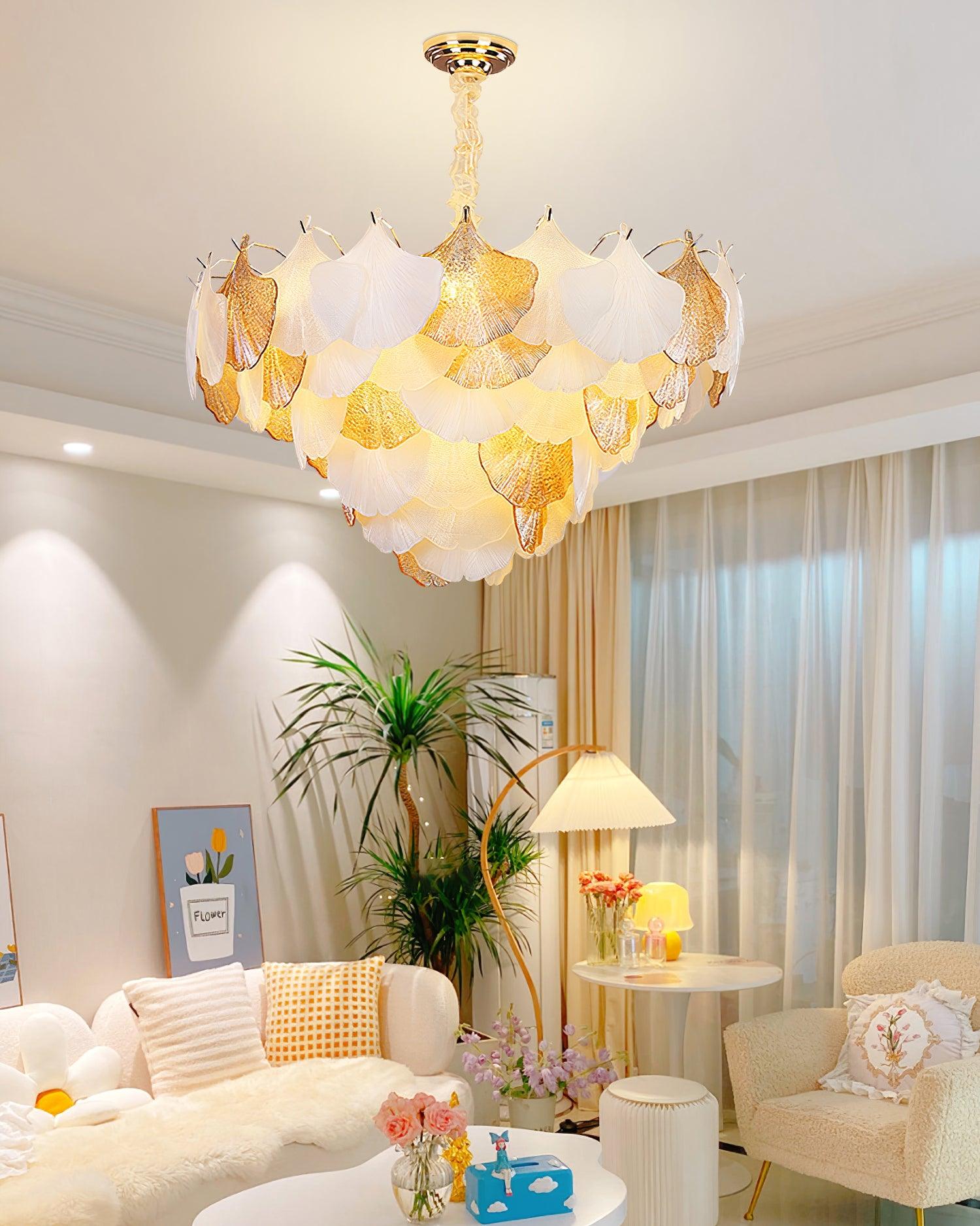 Fionel Amber and White Glass Leaf Chandelier - Neutralighting