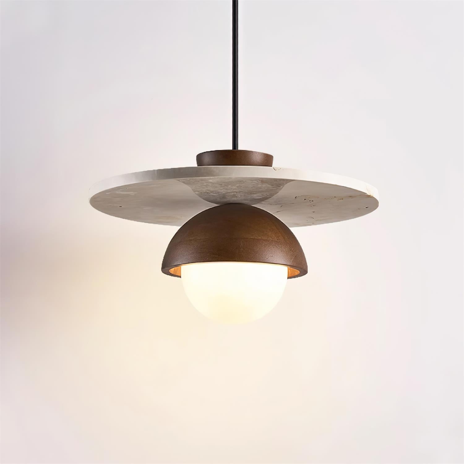 Pendant Lamp Glass Globe Travertine Disc Walnut Wood Natural - Neutralighting