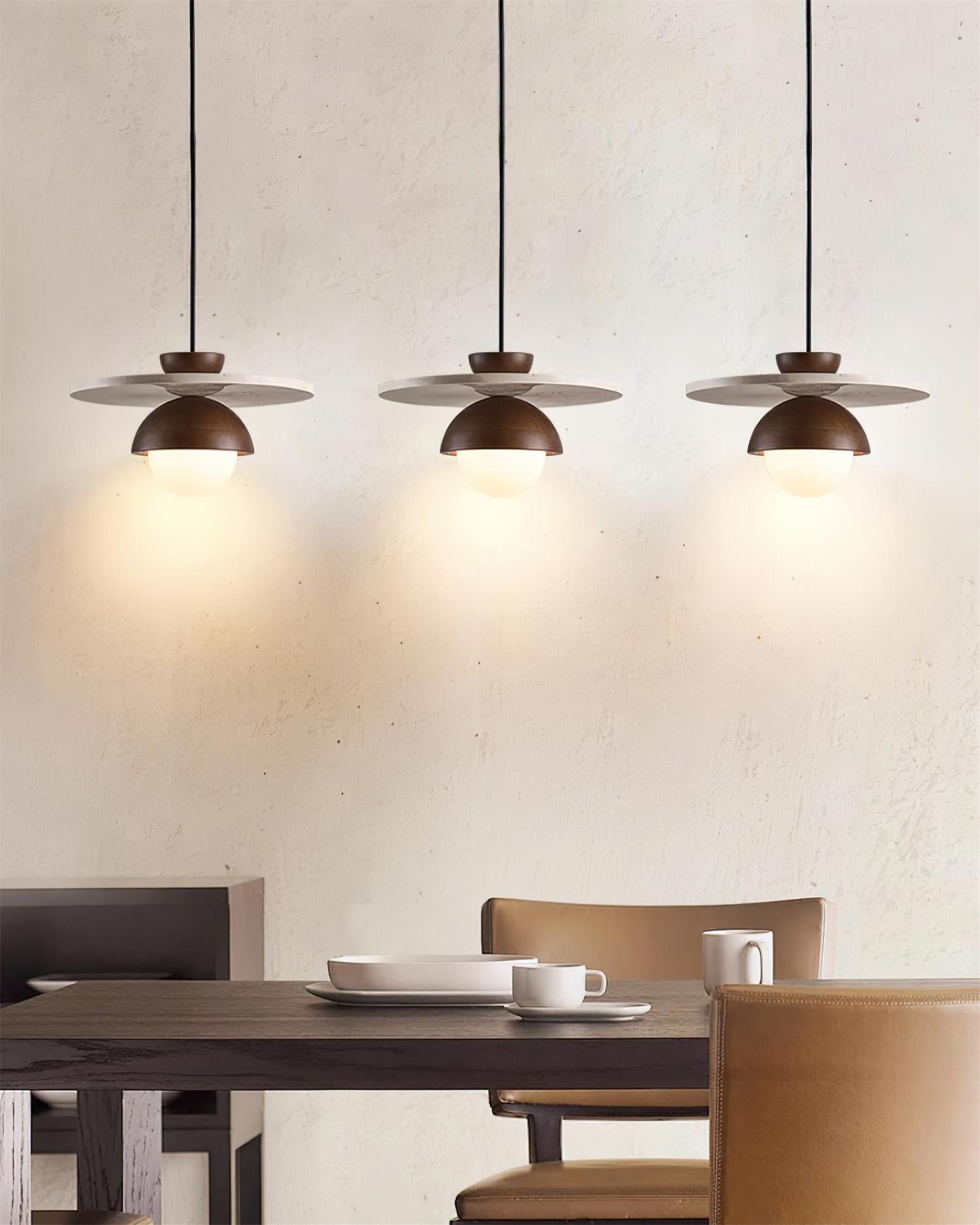 Pendant Lamp Glass Globe Travertine Disc Walnut Wood Natural - Neutralighting