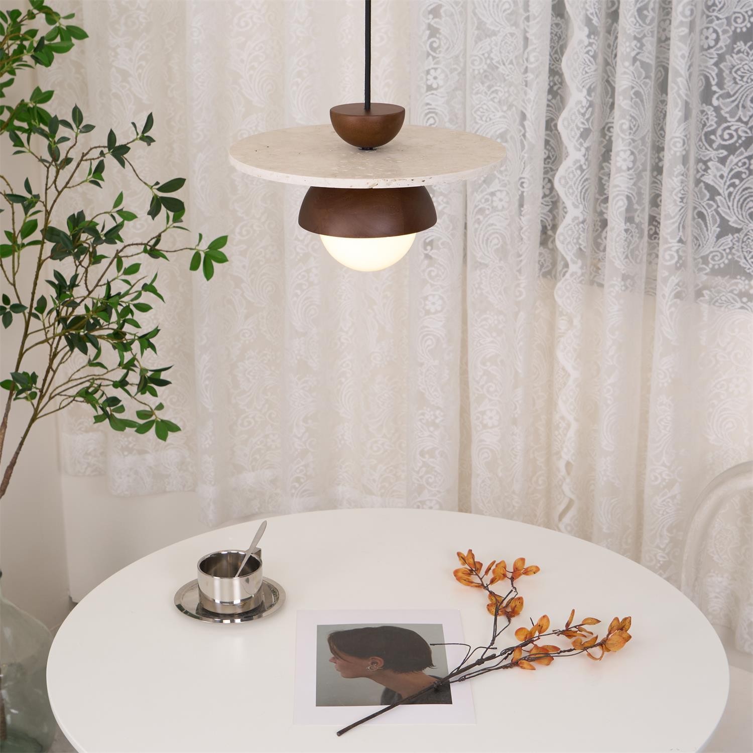 Pendant Lamp Glass Globe Travertine Disc Walnut Wood Natural - Neutralighting