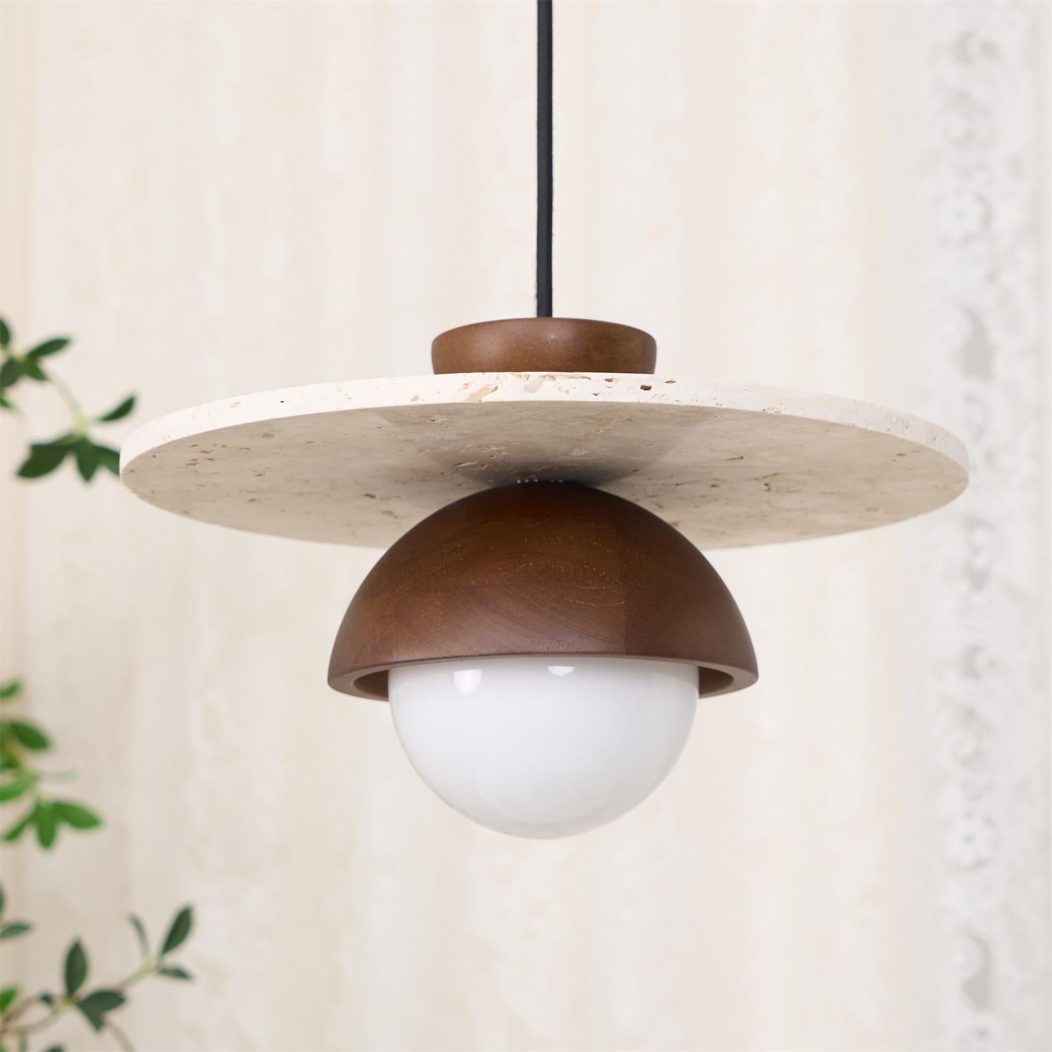Pendant Lamp Glass Globe Travertine Disc Walnut Wood Natural - Neutralighting