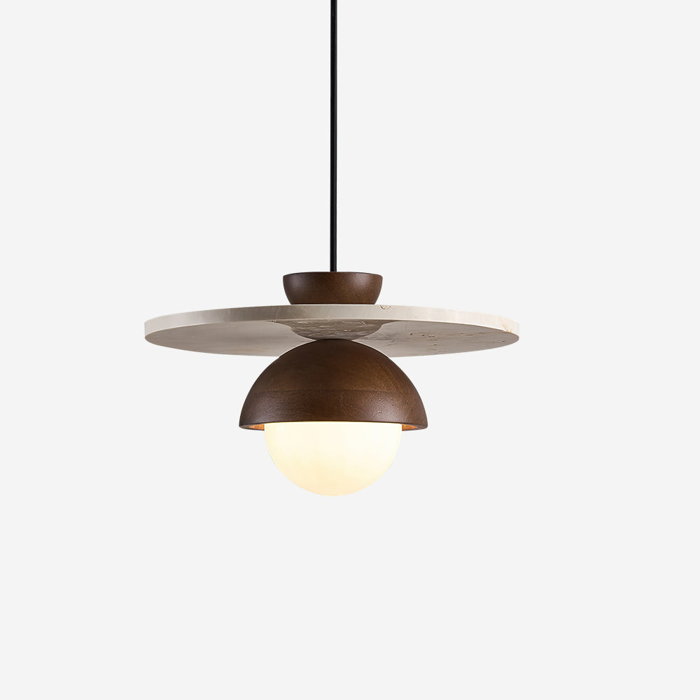 Pendant Lamp Glass Globe Travertine Disc Walnut Wood Natural - Neutralighting