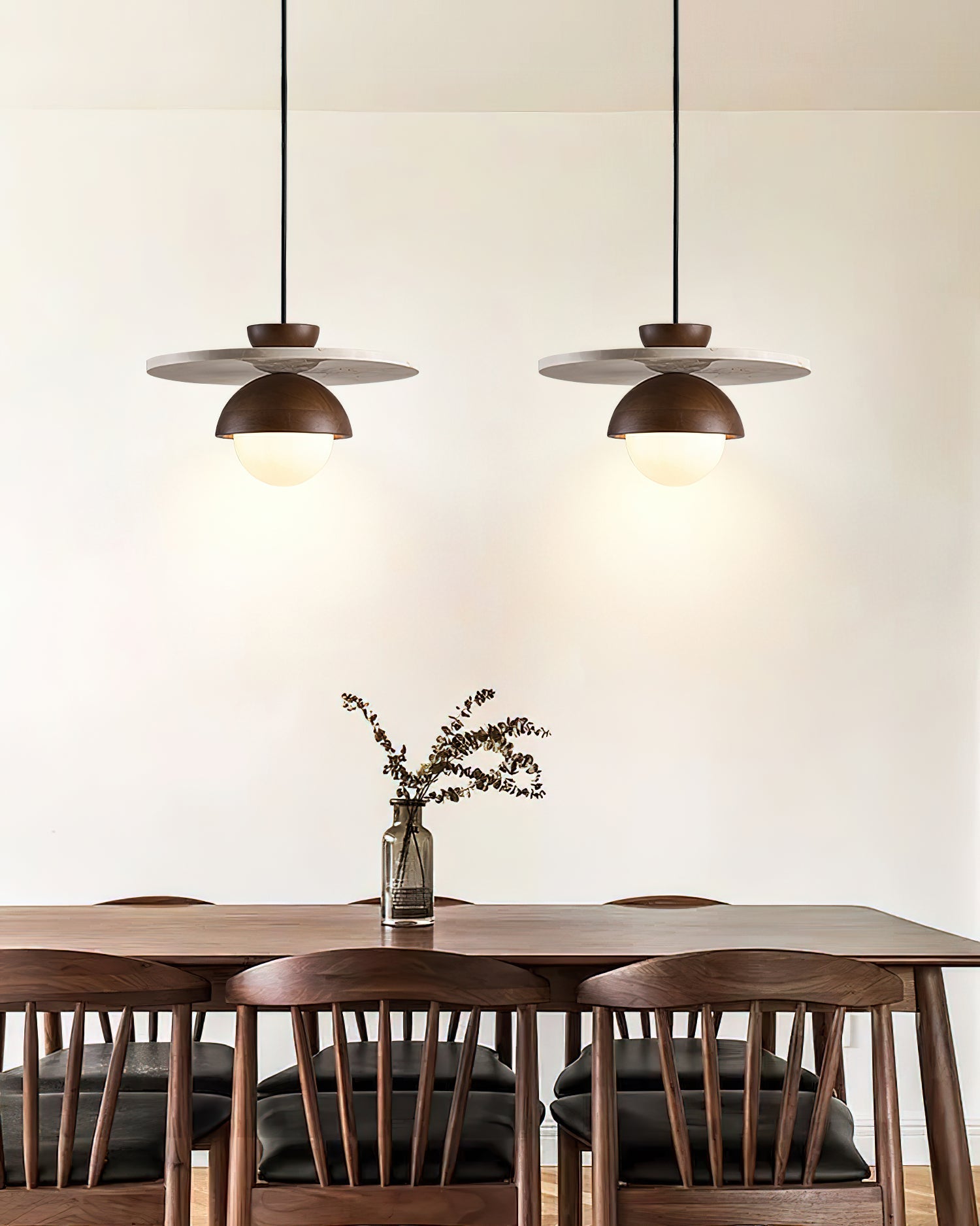 Pendant Lamp Glass Globe Travertine Disc Walnut Wood Natural - Neutralighting