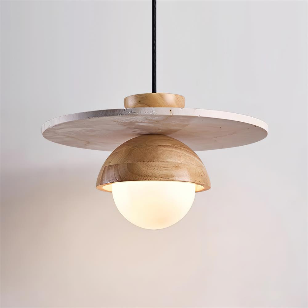 Pendant Lamp Glass Globe Travertine Disc Walnut Wood Natural - Neutralighting