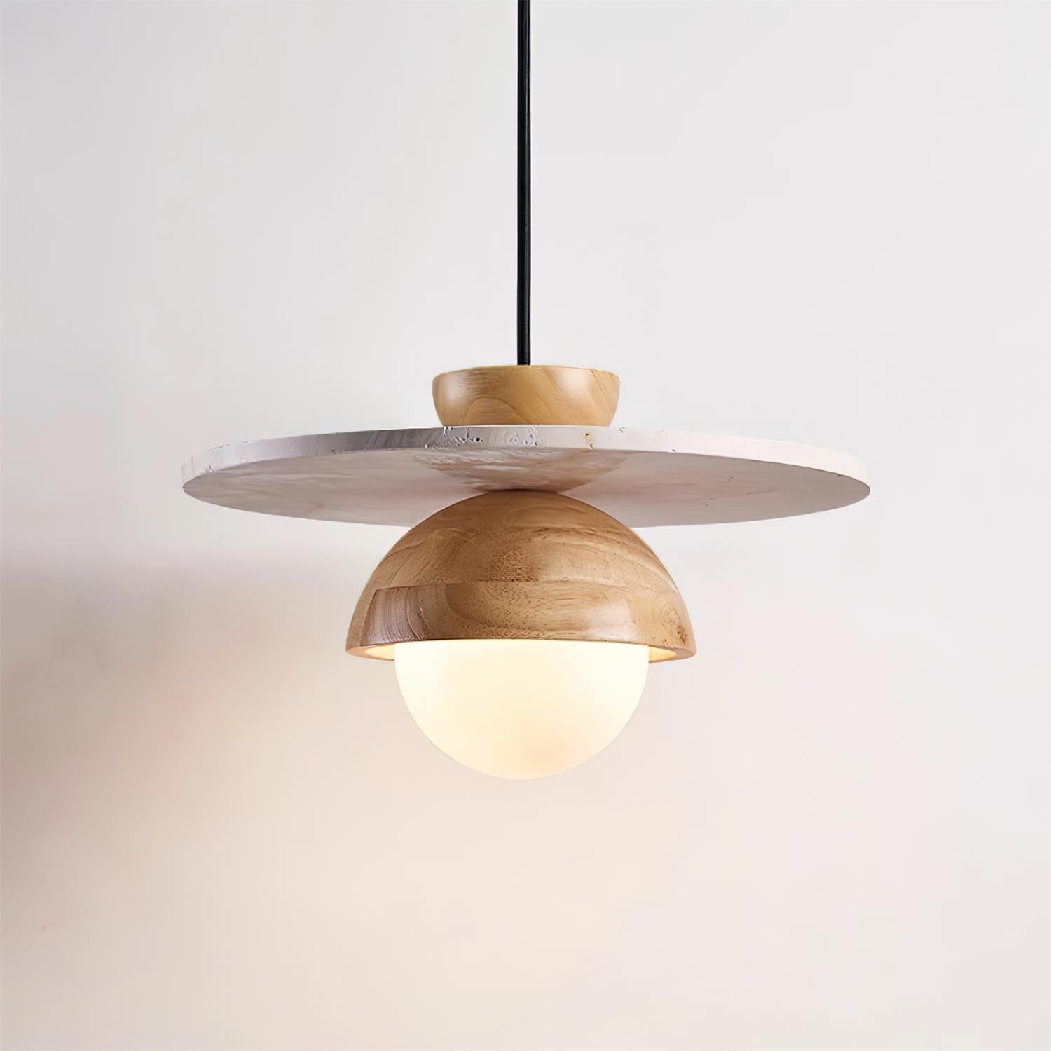 Pendant Lamp Glass Globe Travertine Disc Walnut Wood Natural - Neutralighting