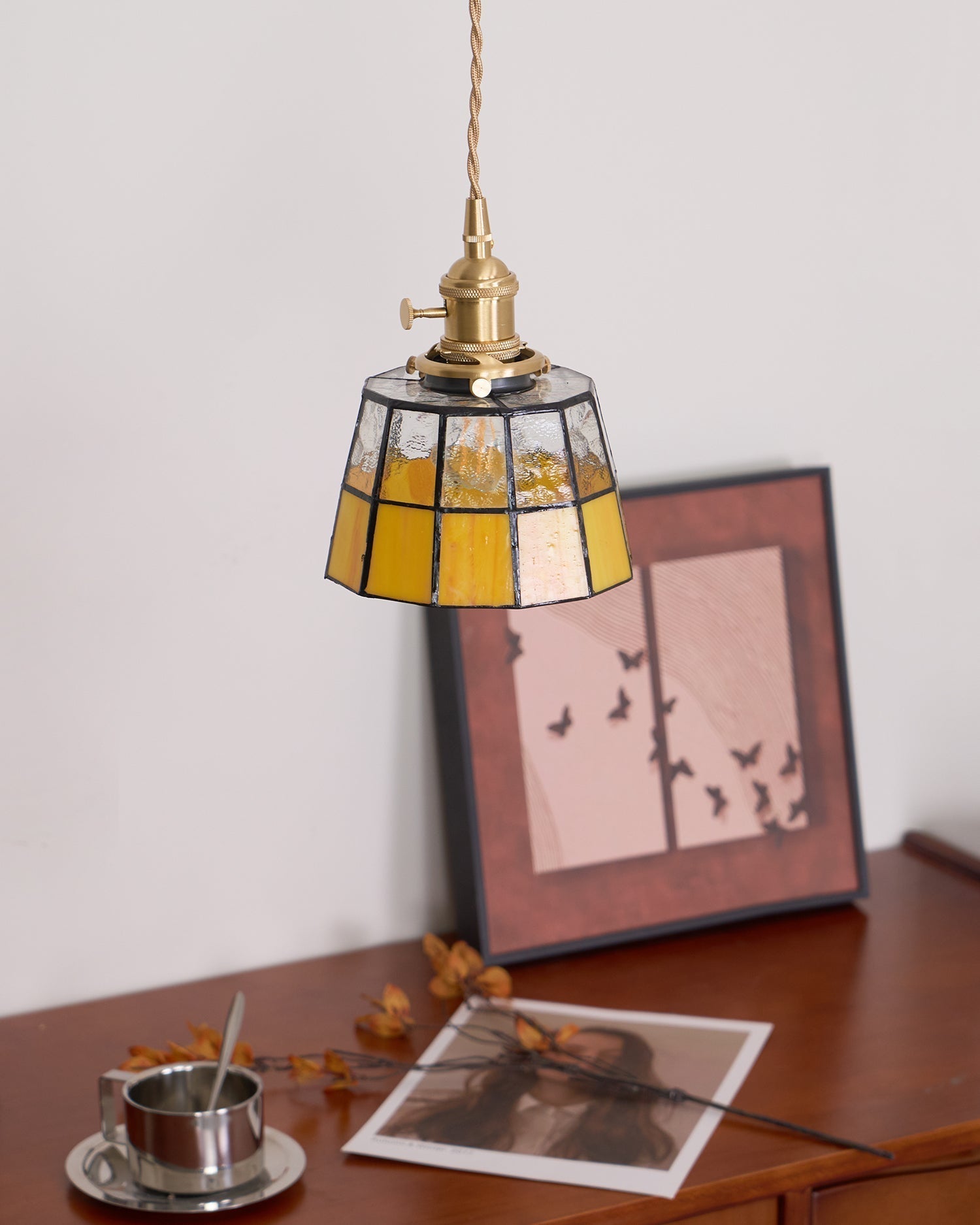 Pendant Lamp Stained Glass Shade Vintage Pattern Brass Retro - Neutralighting