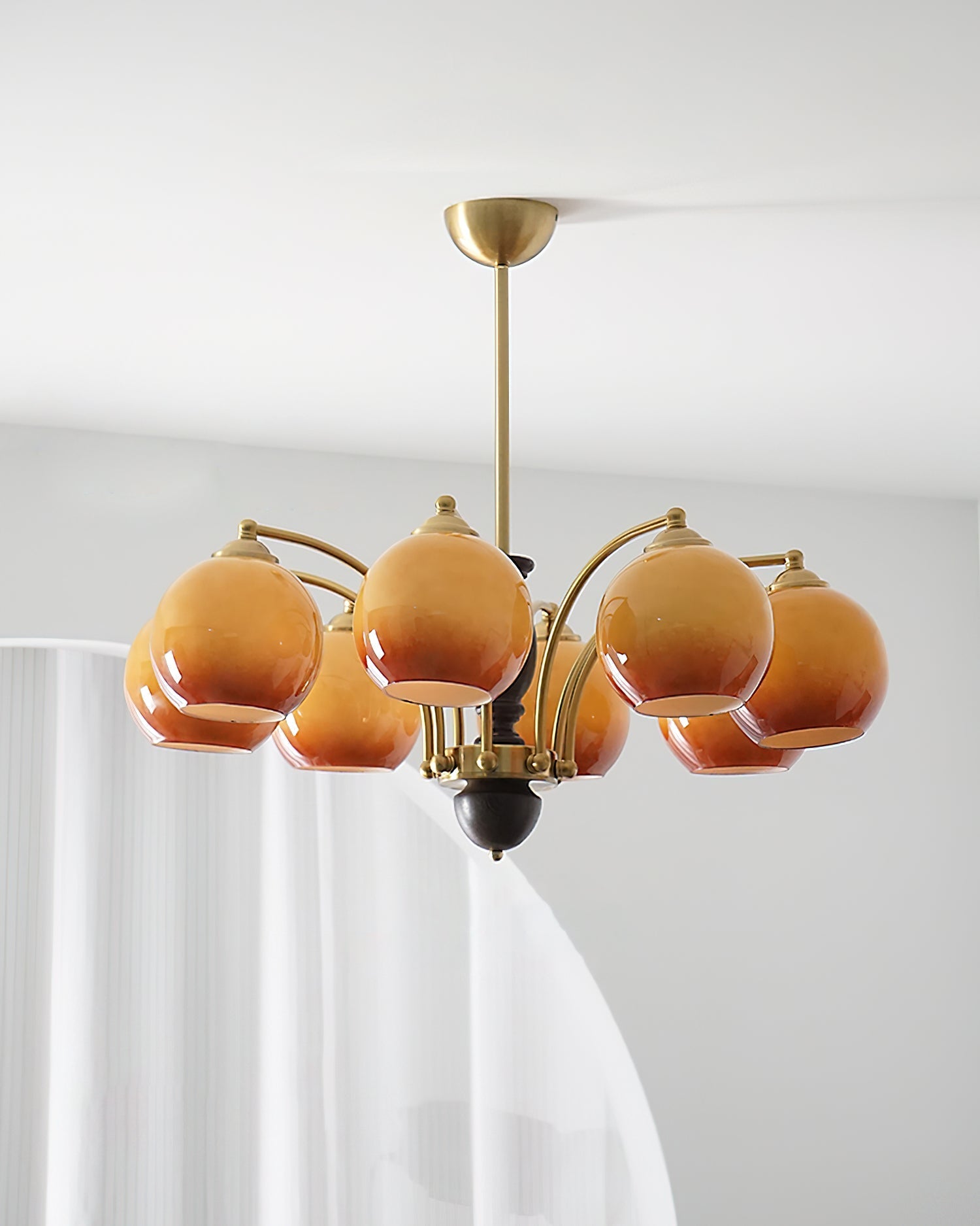 Chandelier Glass Shades Metal Frame Wood Accents Mid-Century Calm - Neutralighting
