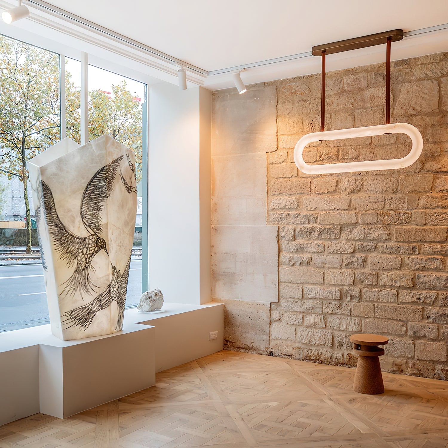 Kurve Chandelier Alabaster Ring Artificial leather - Neutralighting