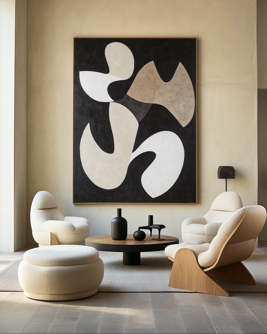 Black‑Beige‑White Tall Flowing Organic‑Shape Artwork