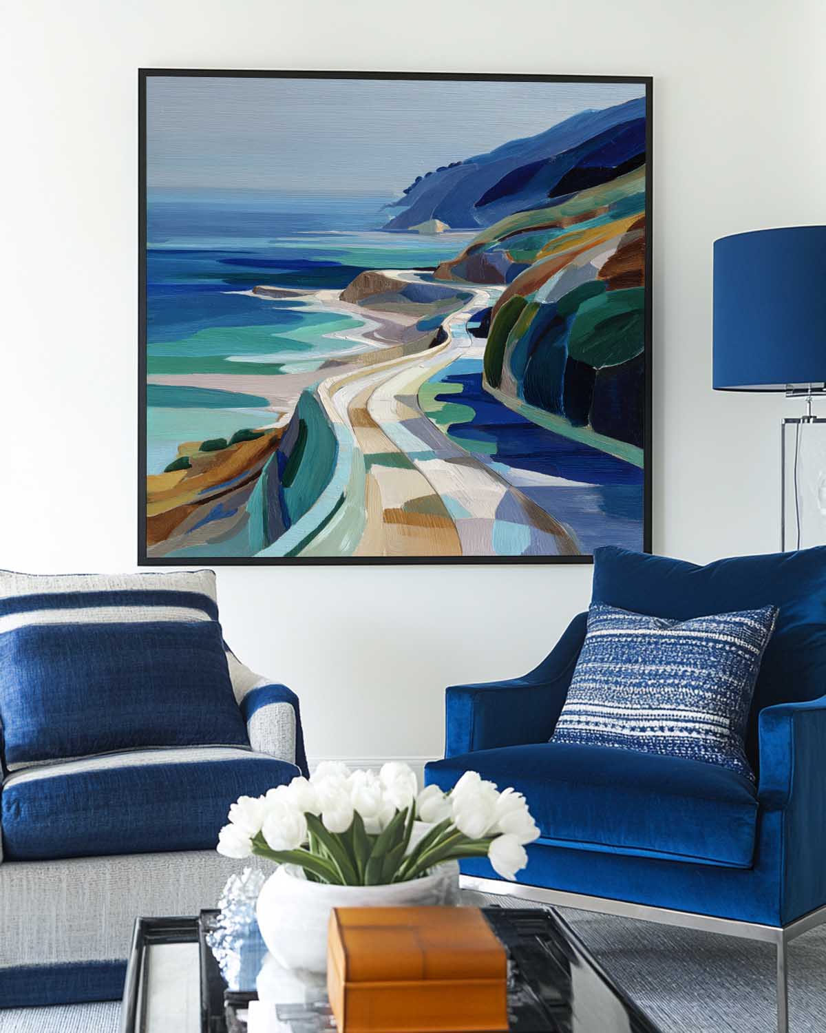 Geometric Coastal Highway Square Canvas Art