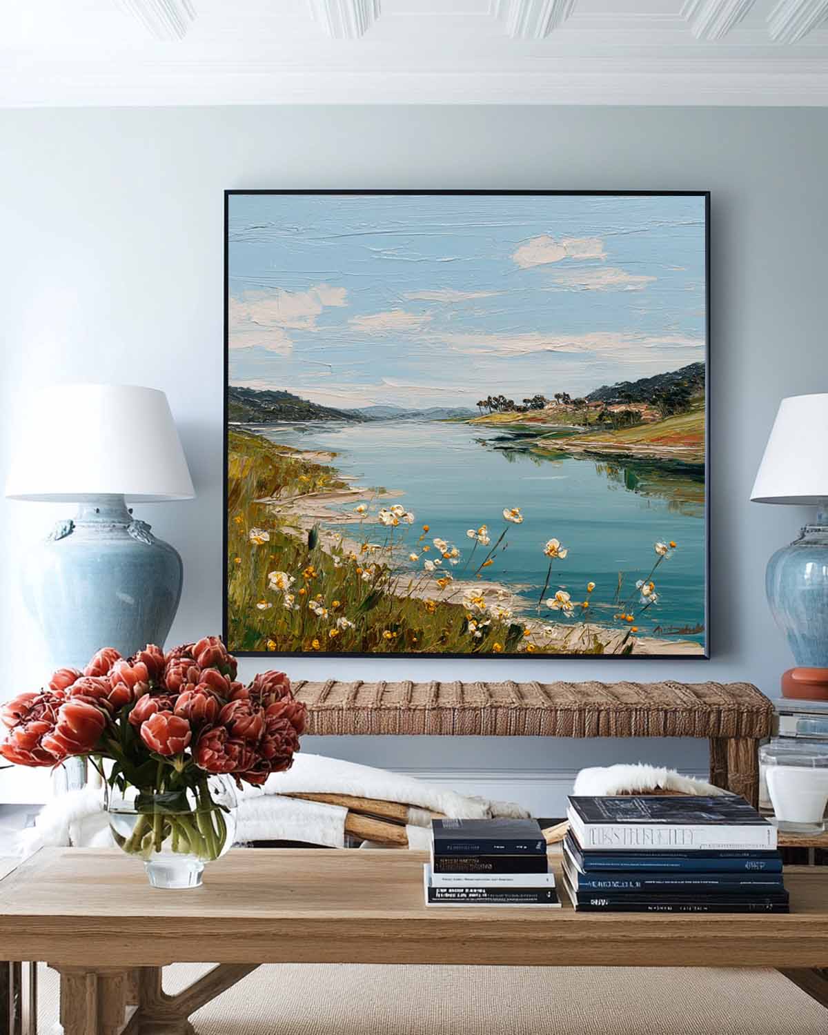 Textured Riverside Landscape Oil Painting