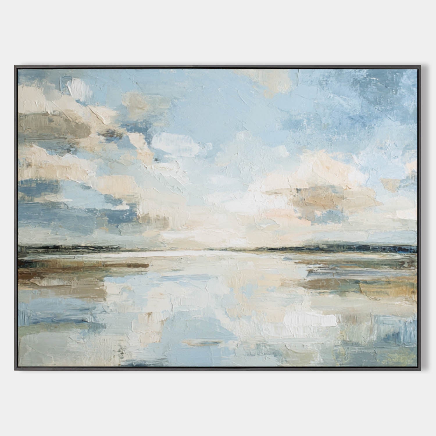 Blue‑Cream‑Beige Horizontal Impasto Abstract Coastal Seascape Artwork