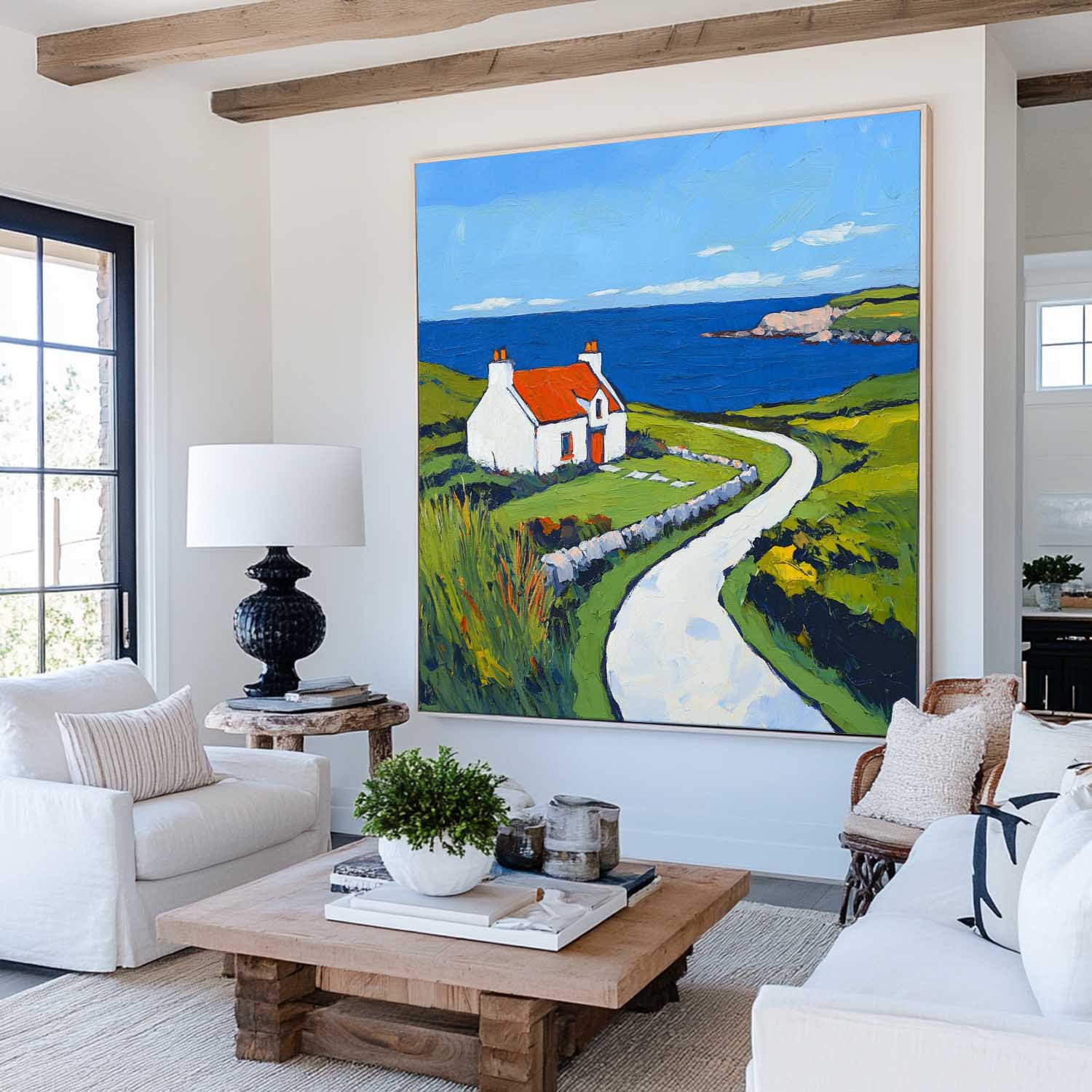 Blue‑Green Square Impasto Coastal Cottage Scenic Textured Artwork