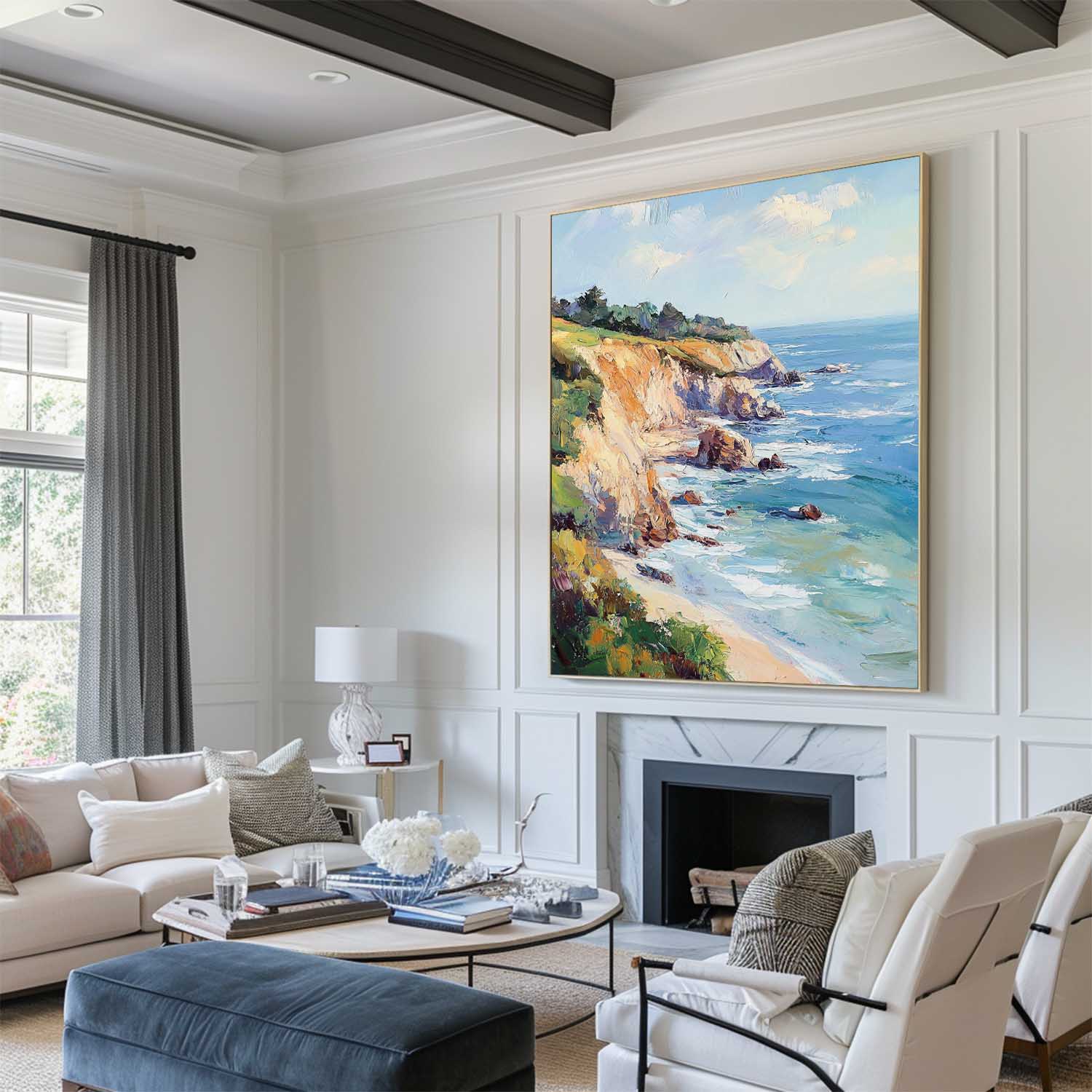 Blue‑Sand Tall Coastal‑Cliff Vibrant‑Seascape Artwork