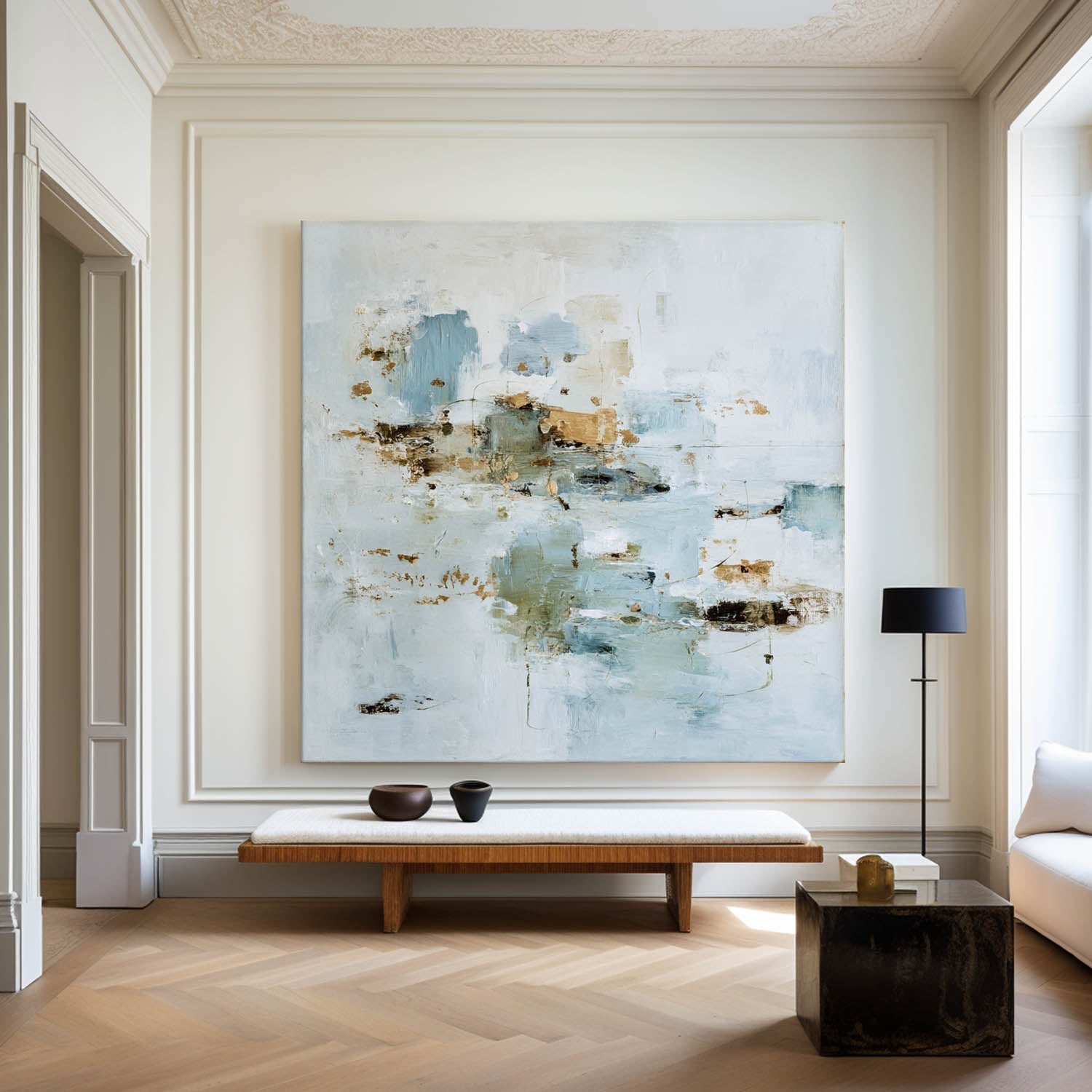 Sage‑Blue‑Beige‑Gold Square Gilded Muted Abstract Textured Artwork
