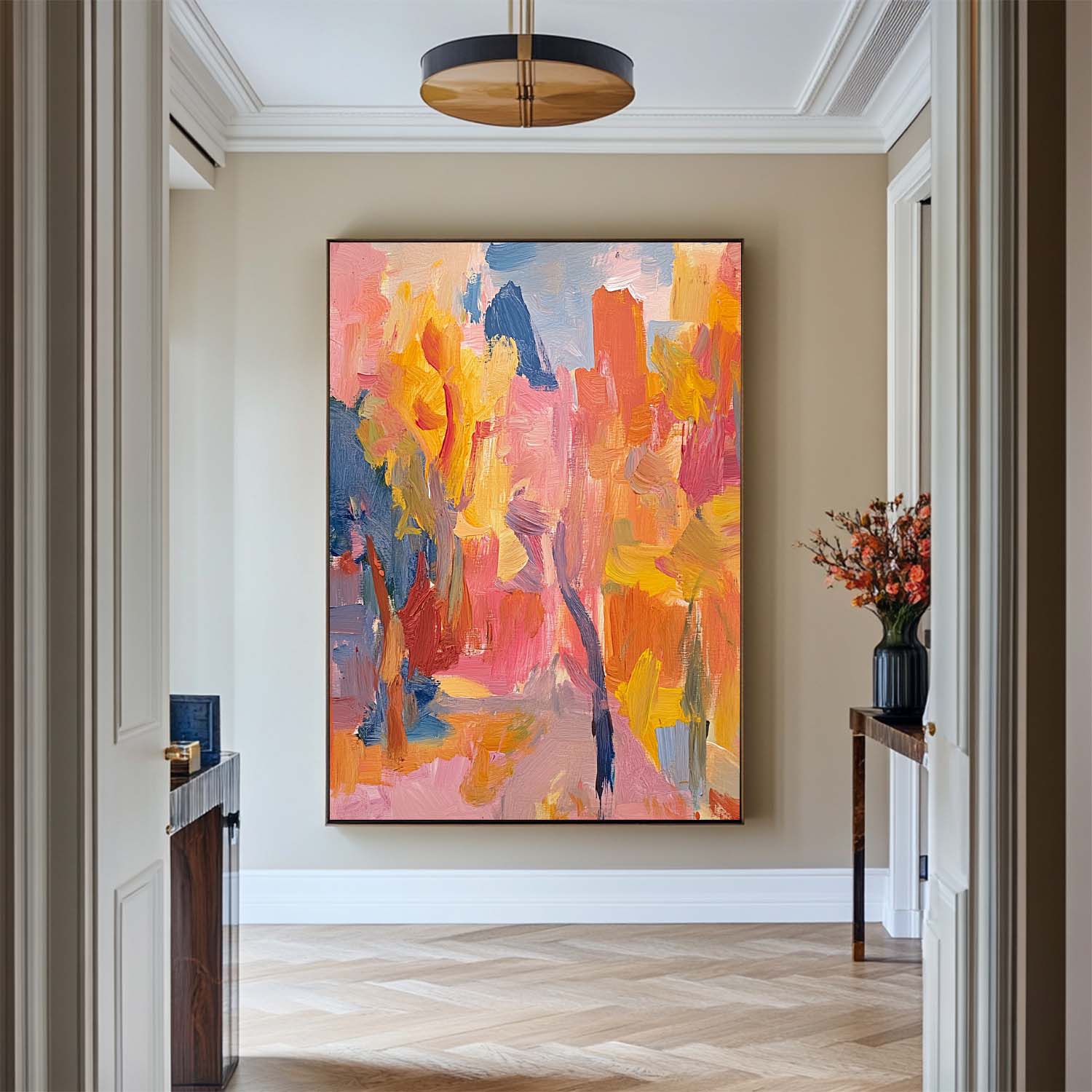 Orange‑Pink‑Yellow‑Blue Vertical Impasto Scenic Textured Landscape Artwork