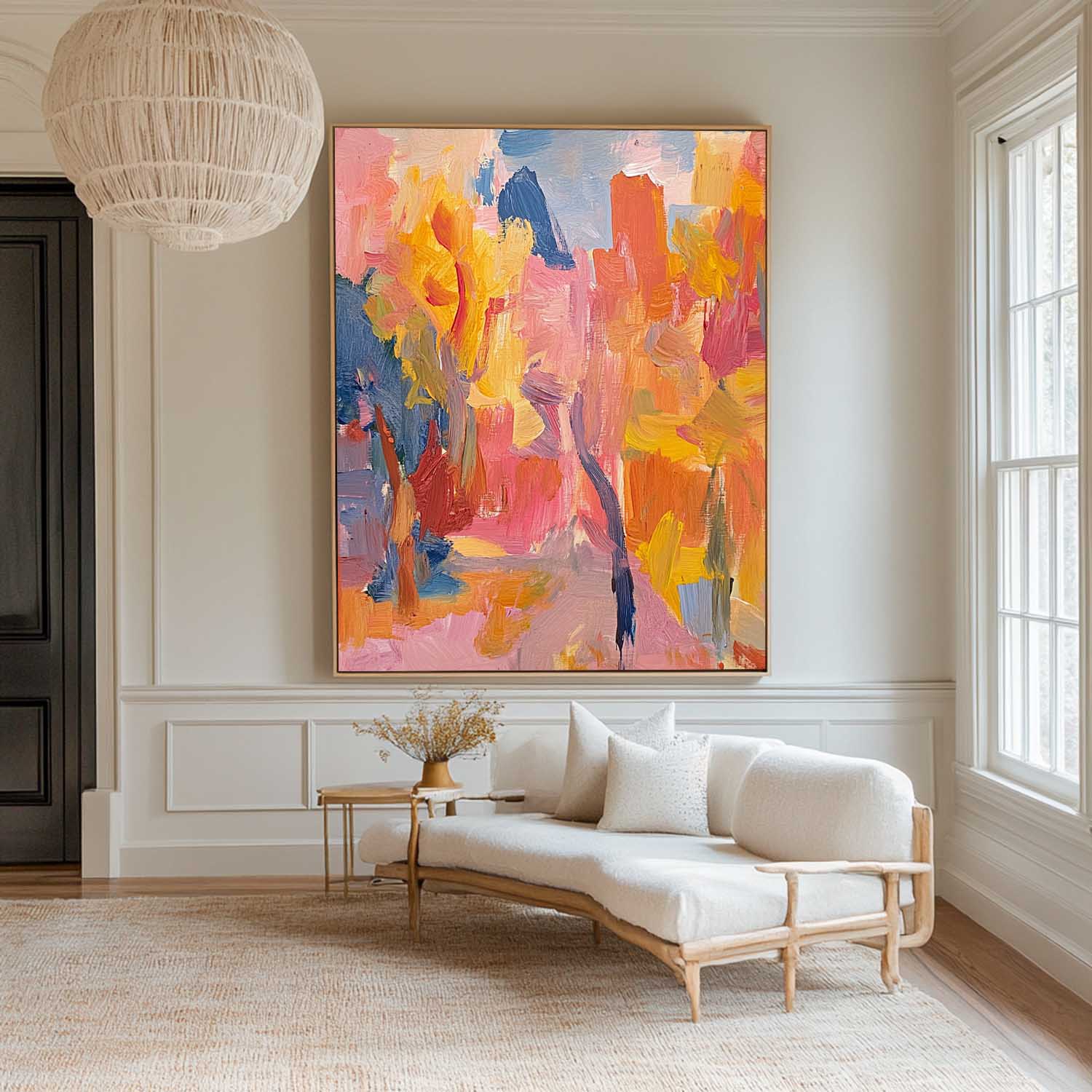 Orange‑Pink‑Yellow‑Blue Vertical Impasto Scenic Textured Landscape Artwork