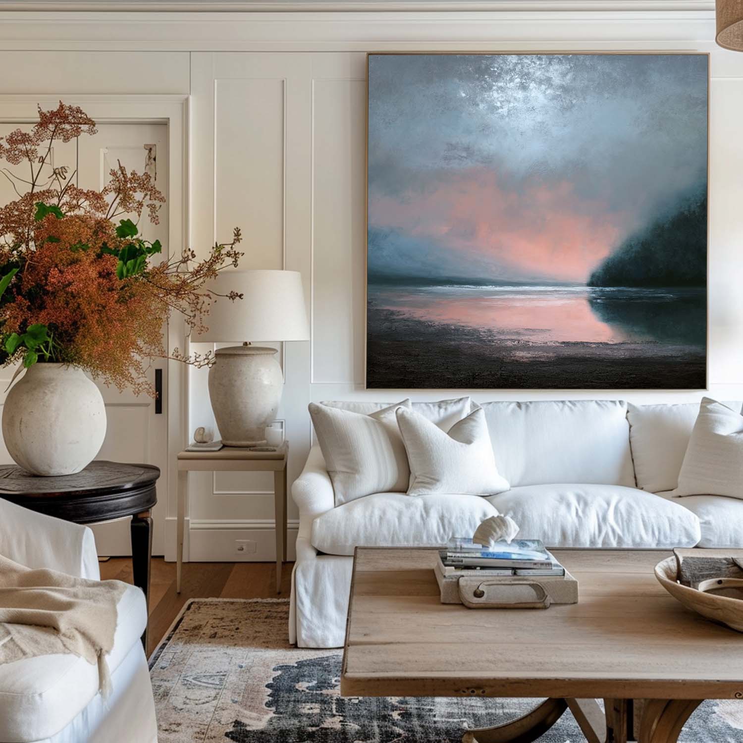 Serene Lake Sunset Oil Painting