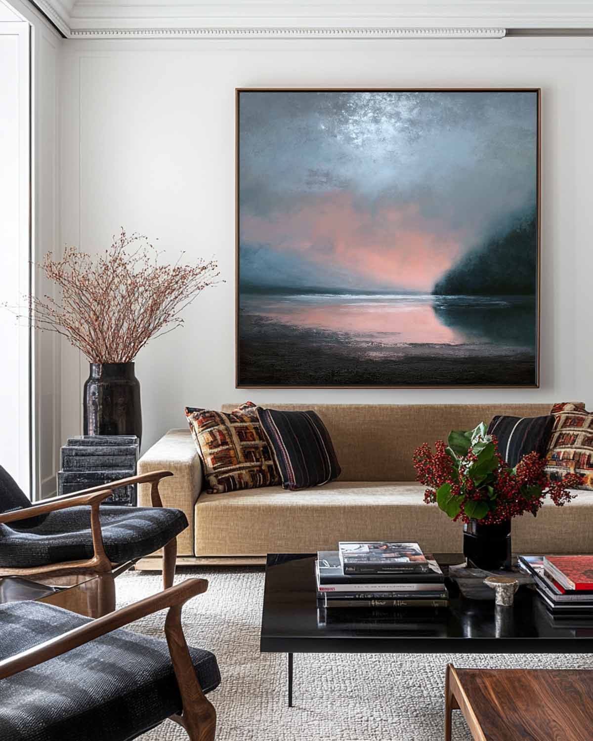 Serene Lake Sunset Oil Painting