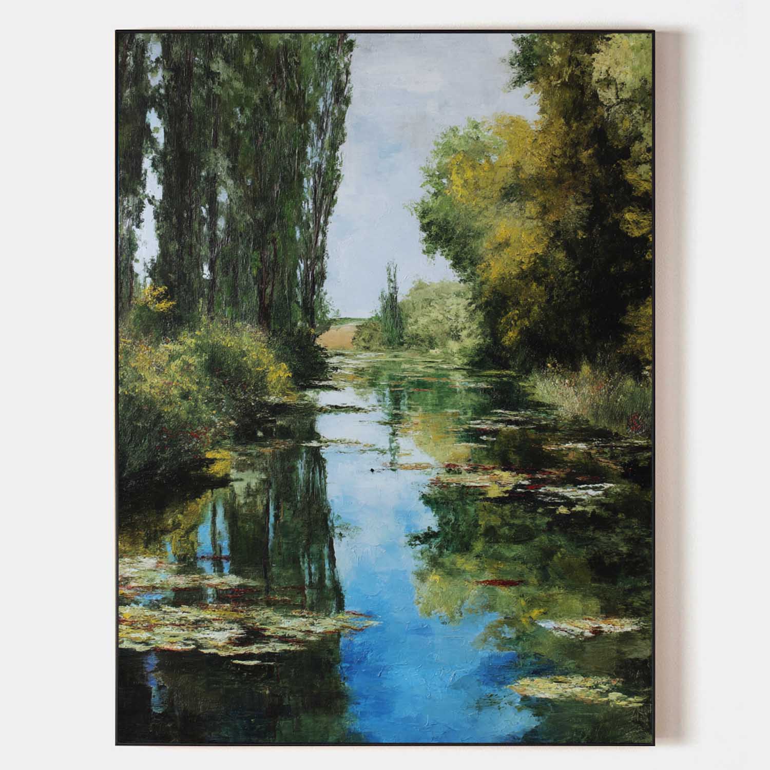 River Landscape Painting Poplar Trees Water Lilies