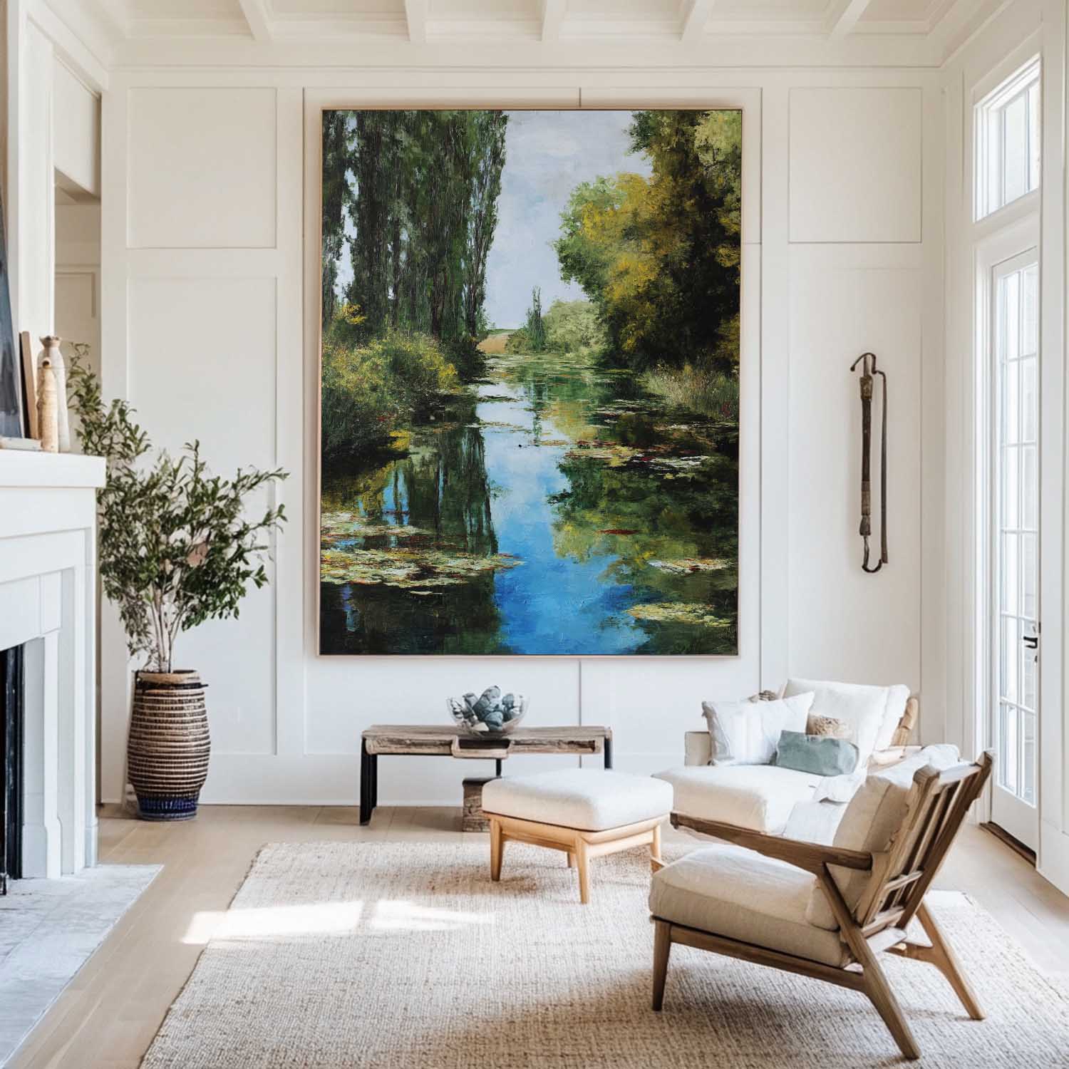 River Landscape Painting Poplar Trees Water Lilies