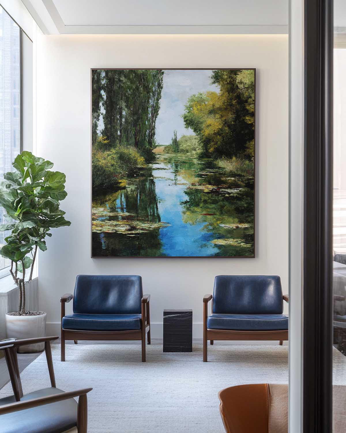 River Landscape Painting Poplar Trees Water Lilies