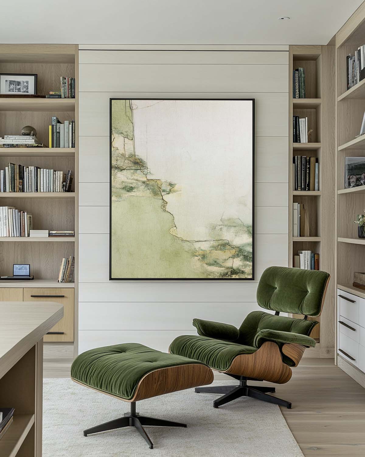 Sage‑Green‑Beige Vertical Abstract Minimalist Textured Artwork