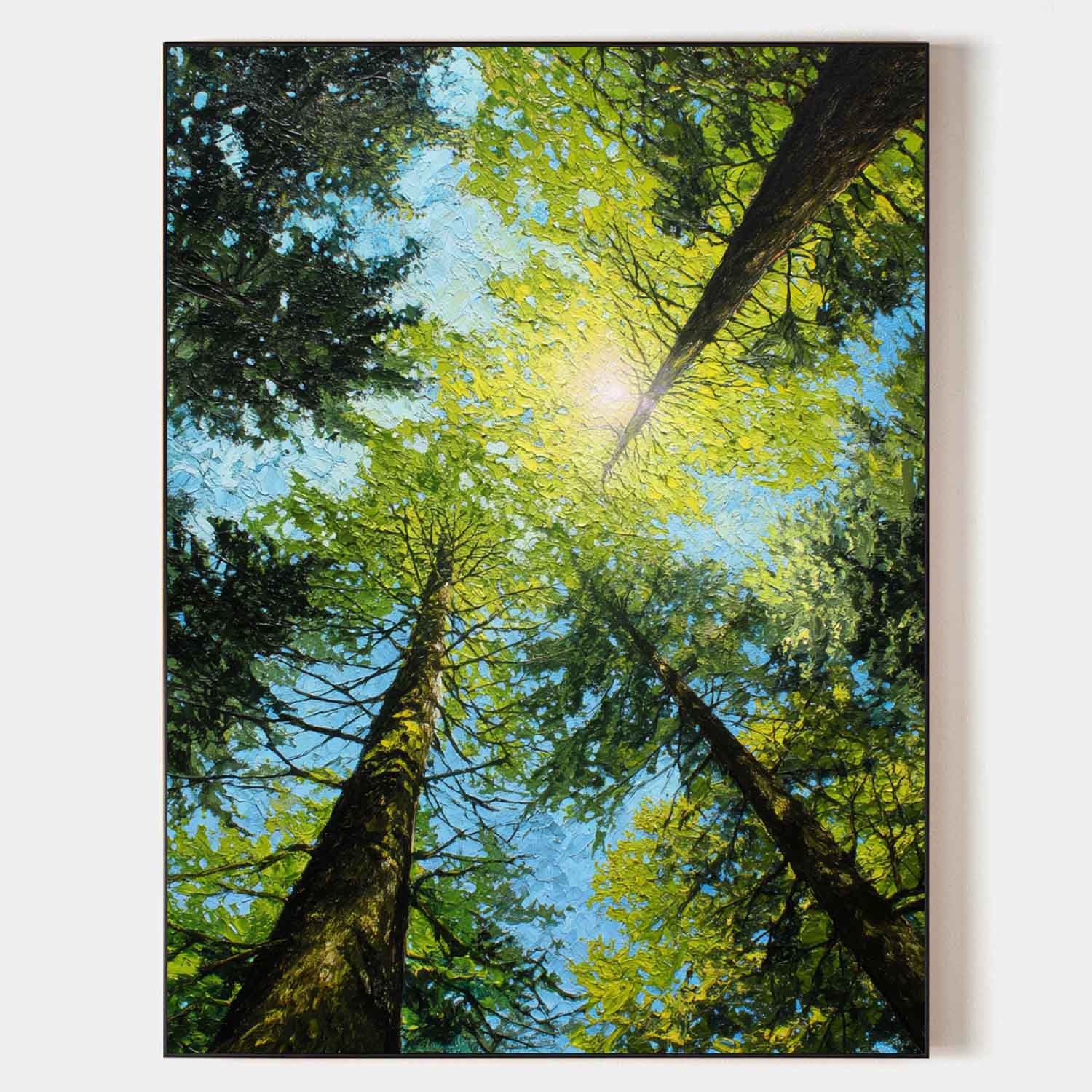 Forest Canopy Oil Painting Sunlit Tall Trees
