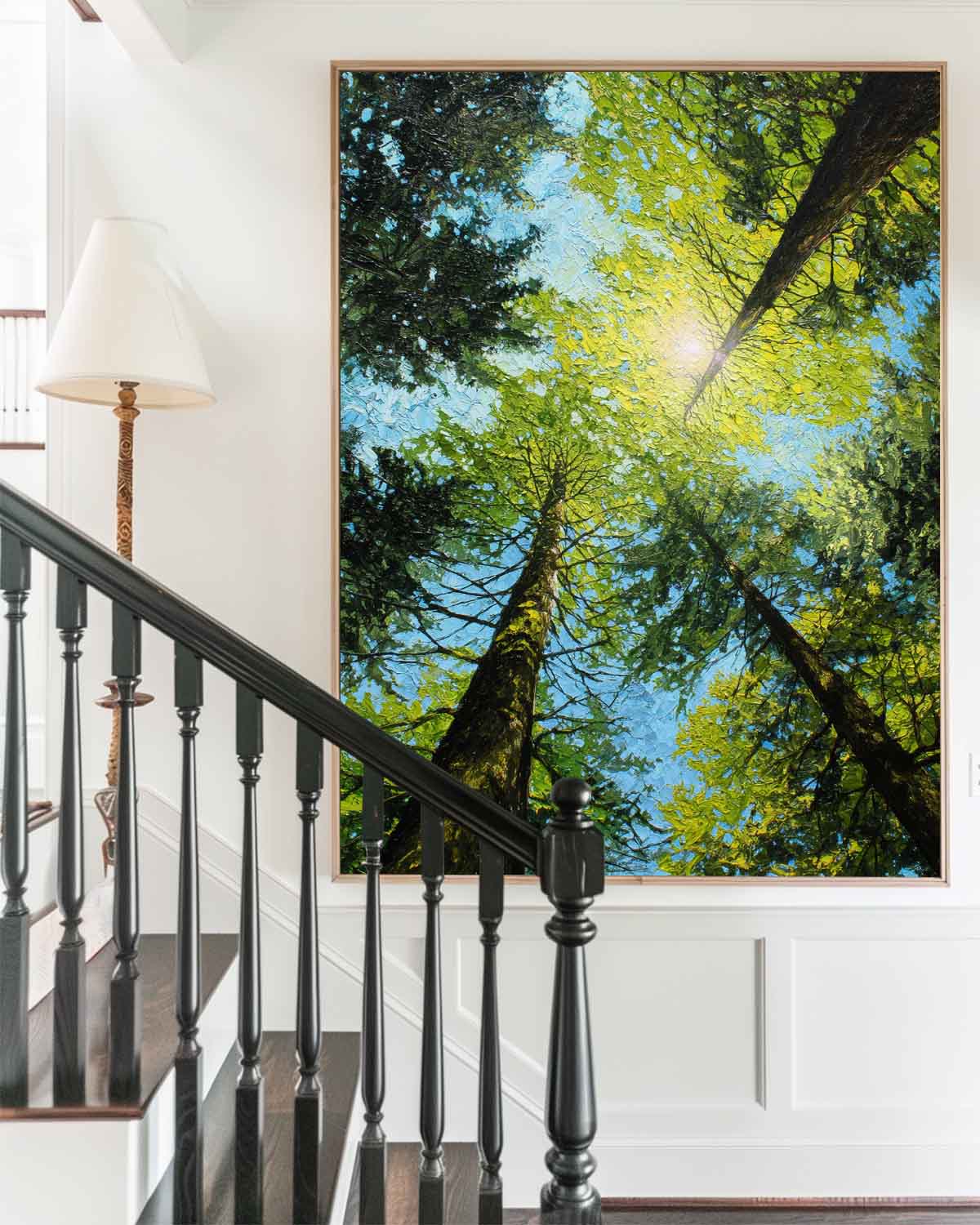 Forest Canopy Oil Painting Sunlit Tall Trees