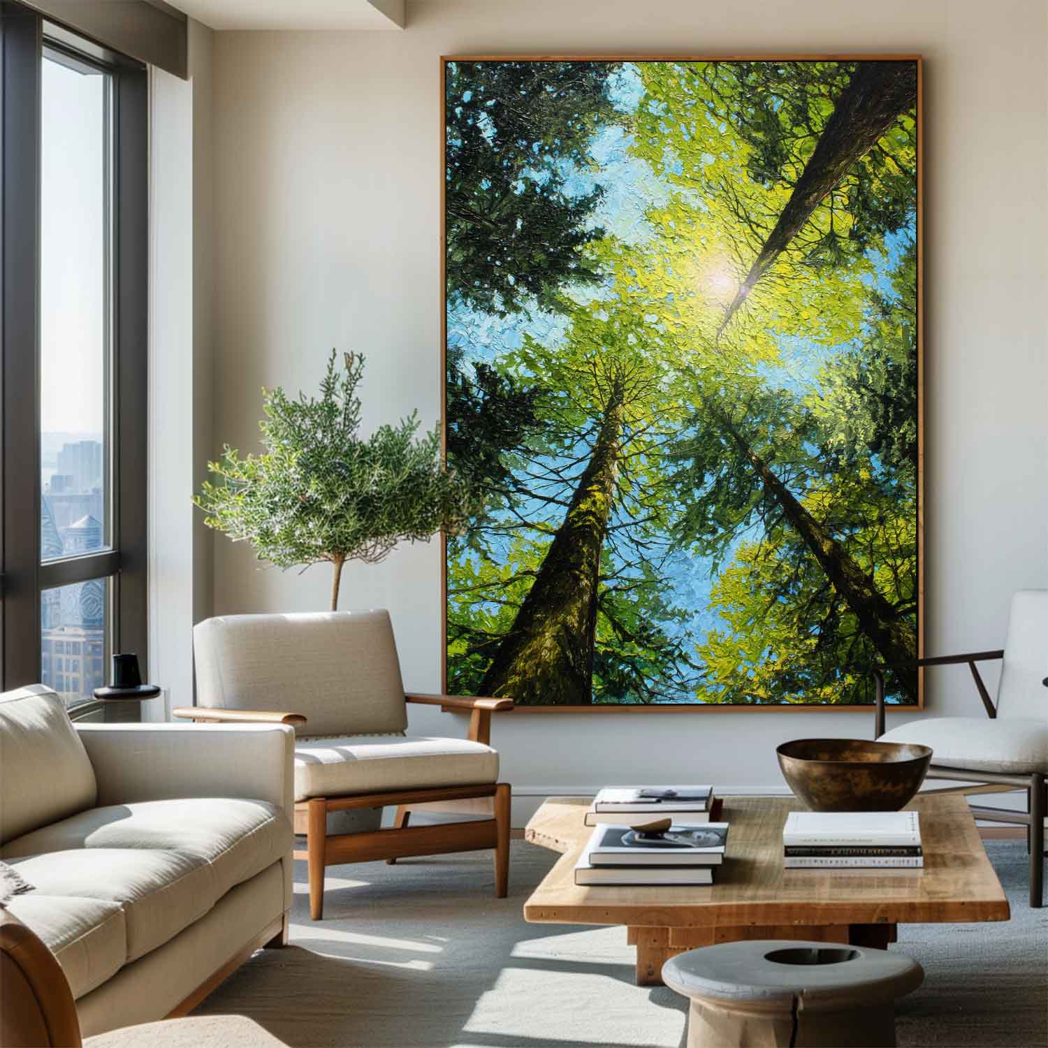 Forest Canopy Oil Painting Sunlit Tall Trees