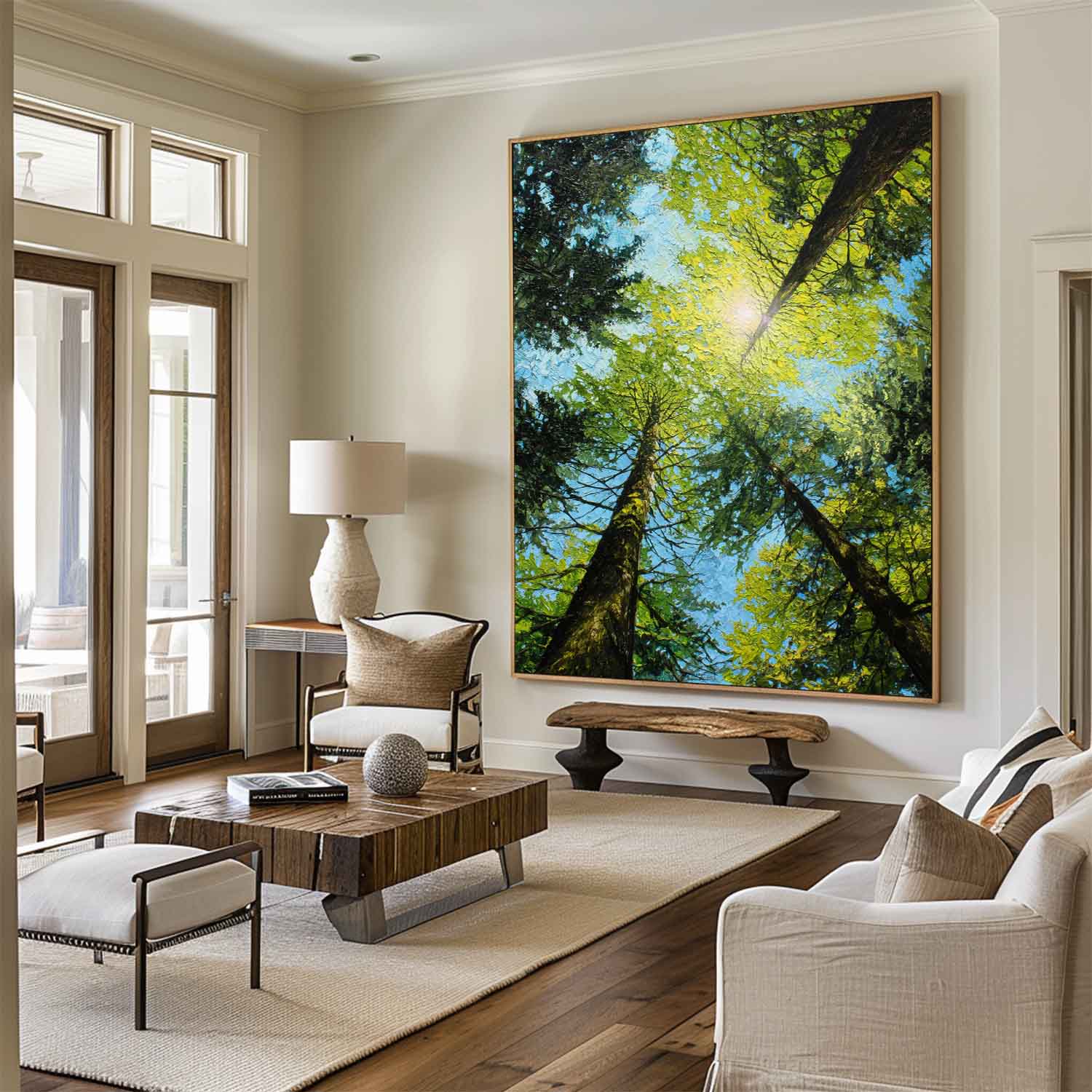 Forest Canopy Oil Painting Sunlit Tall Trees