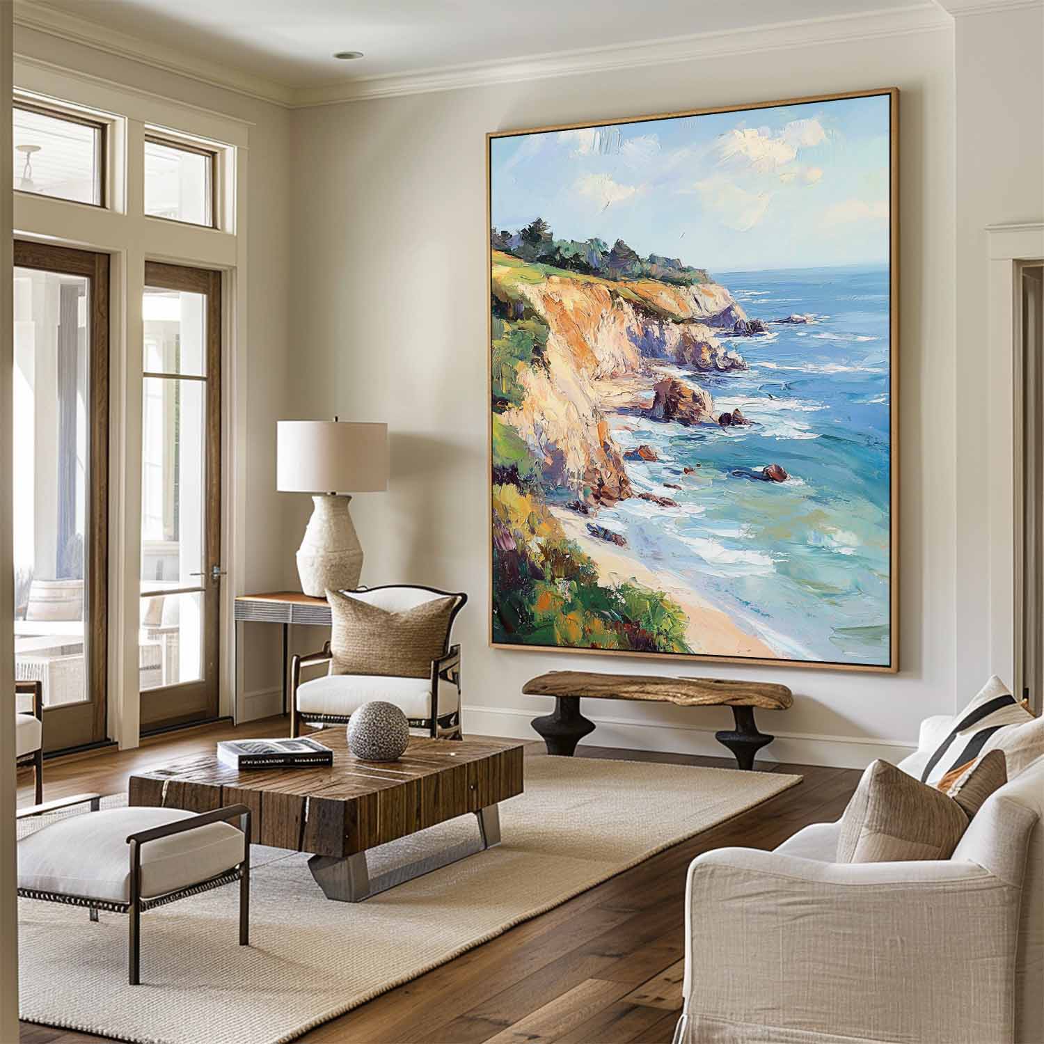 Blue‑Sand Tall Coastal‑Cliff Vibrant‑Seascape Artwork