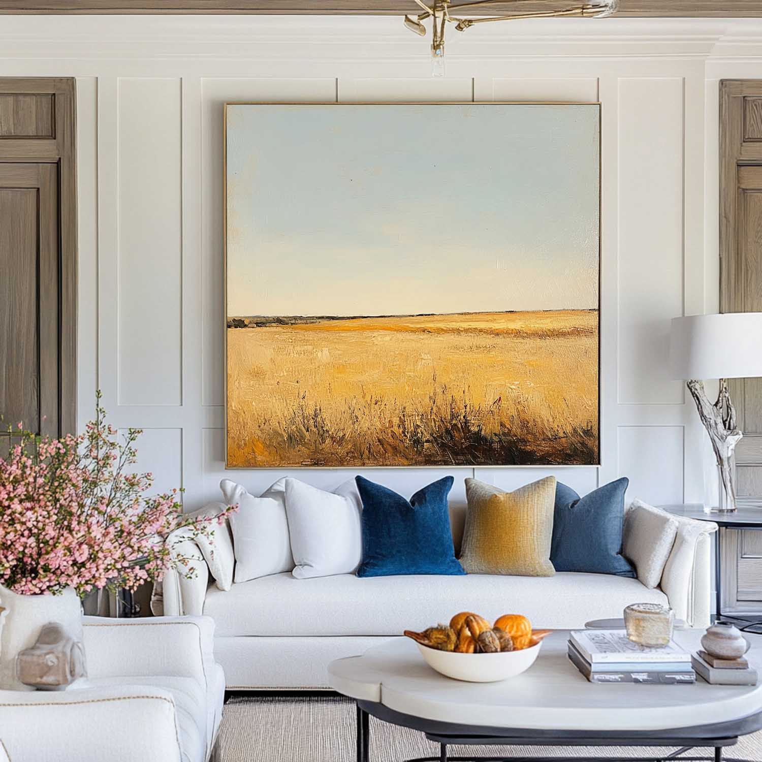 Golden Prairie Landscape Under Blue Sky Oil Painting
