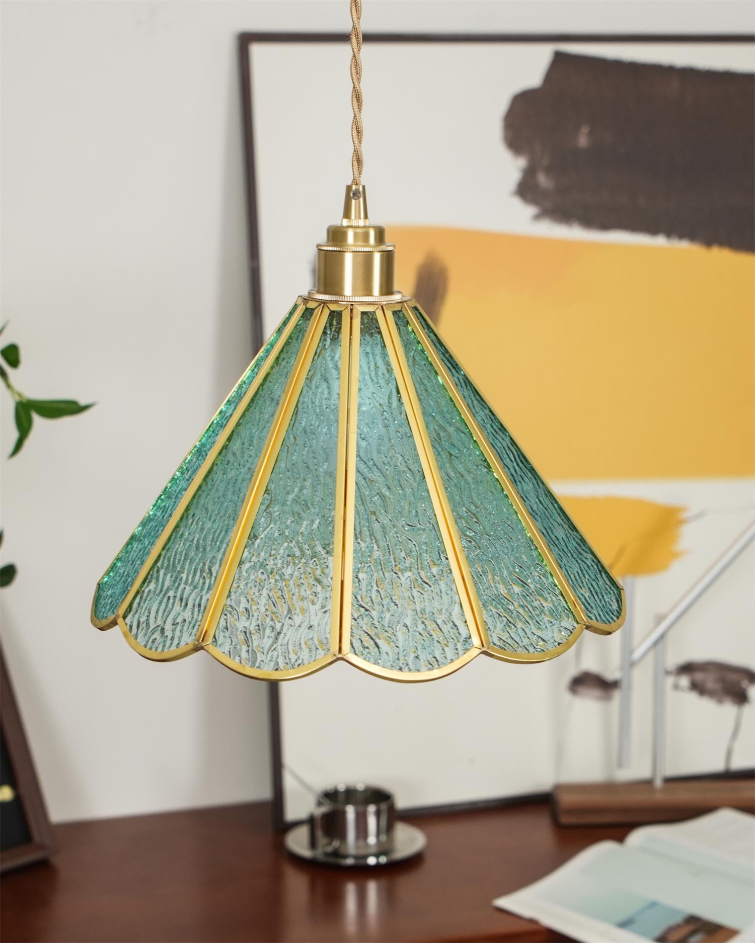 Pendant Lamp Textured Blue Glass Scalloped Brass - Neutralighting
